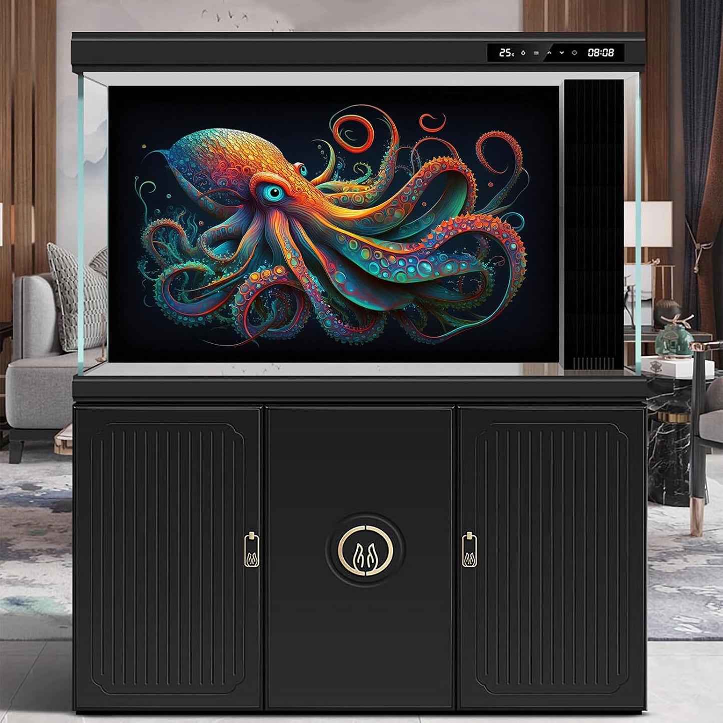 Octopus Aquarium Background Abstract Colorful Octopus Terrarium Background Glowing Octopus on Black Background Fish Tank Backdrop Poster Wallpaper Decorations Vinyl 48x20in