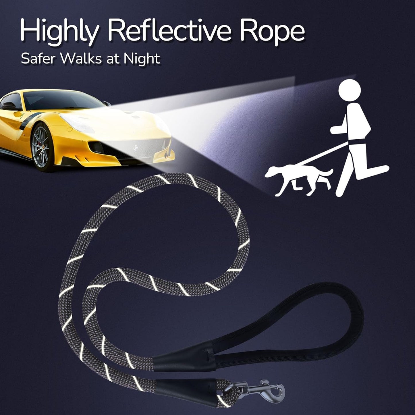 Rope Dog Leash 4 FT, 1/2 Inch Heavy Duty Round Dog Leash with Soft Padded Non-Slip Handle, Reflective Nylon Rope & Strong Metal Clip for Medium Large Giant Dogs,Black