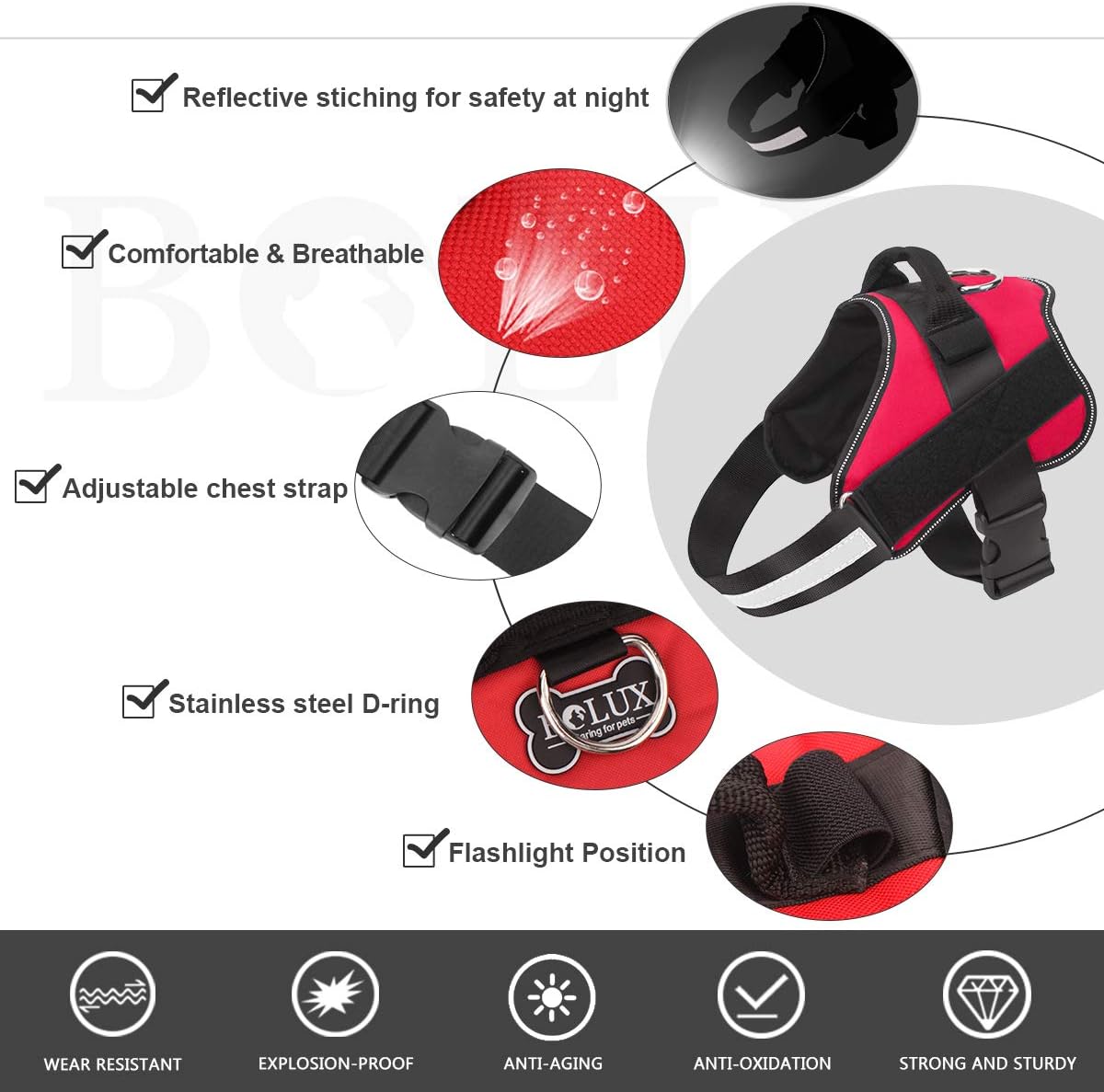 Bolux Dog Harness, No-Pull Reflective Dog Vest, Breathable Adjustable Pet Harness with Handle for Outdoor Walking - No More Pulling, Tugging or Choking (Red, S)