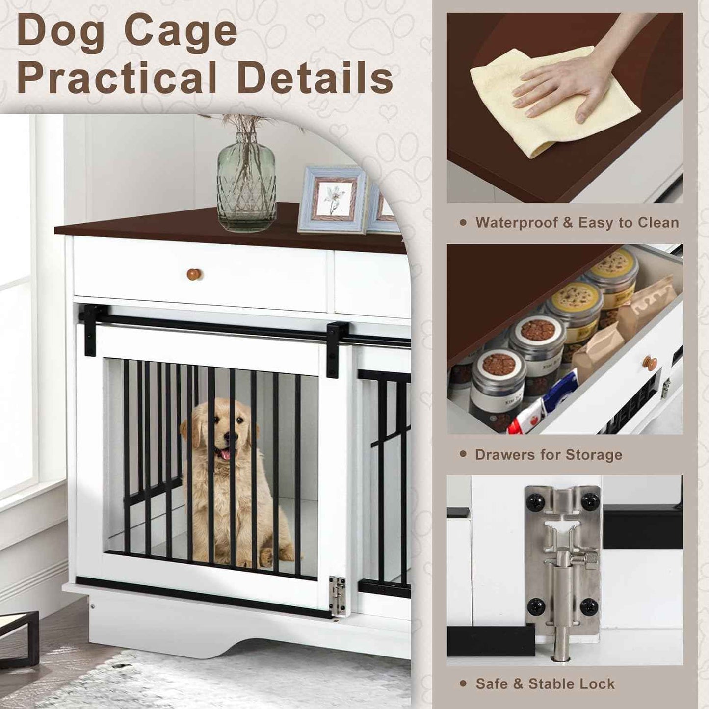 Double Dog Crate Furniture - Farmhouse Style Dog Kennel with Storage Drawers, 47.2" End Table Dog Cage, Removable Divider for 2 Small/Medium Dogs or 1 Large Dog Indoor Use for Living Room