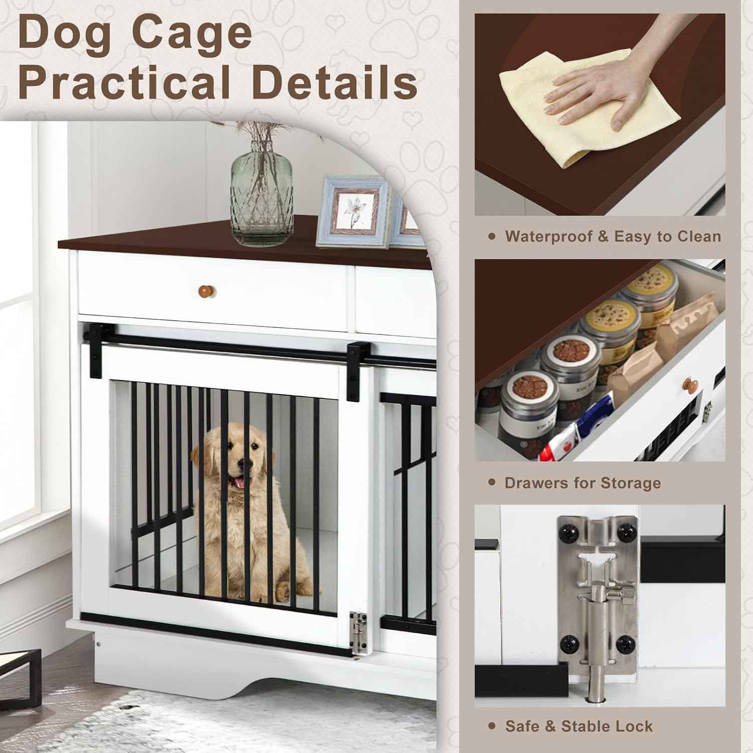 Double Dog Crate Furniture - Farmhouse Style Dog Kennel with Storage Drawers, 47.2" End Table Dog Cage, Removable Divider for 2 Small/Medium Dogs or 1 Large Dog Indoor Use for Living Room