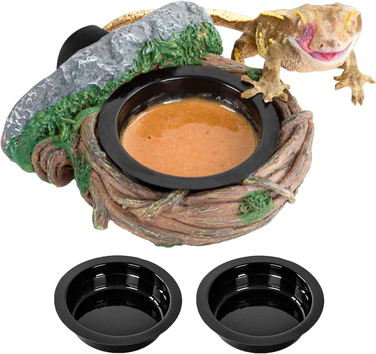 REPTI ZOO Magnetic Reptile Feeding Ledge, Gecko Feeder Ledge with 2PCS Cups, Hollow Vine Food Dish, Reptile Water Bowl for Bearded Dragon Lizard Snake, Terrarium Tank Accessories