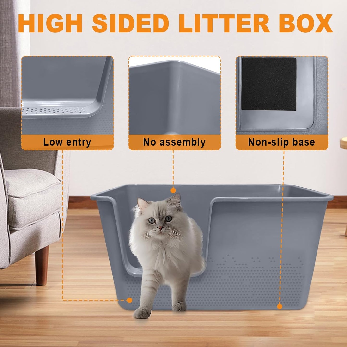 Jumbo Cat Litter Box with High Sides,24.4" L× 15.1" W× 13.0" H,Extra Large Litter Boxes for Big Cats & Kittens,XL Cat Pan,Indoor Pet Toilet with Tall Sides,Easy to Clean,Anti-Splashing(Grey)