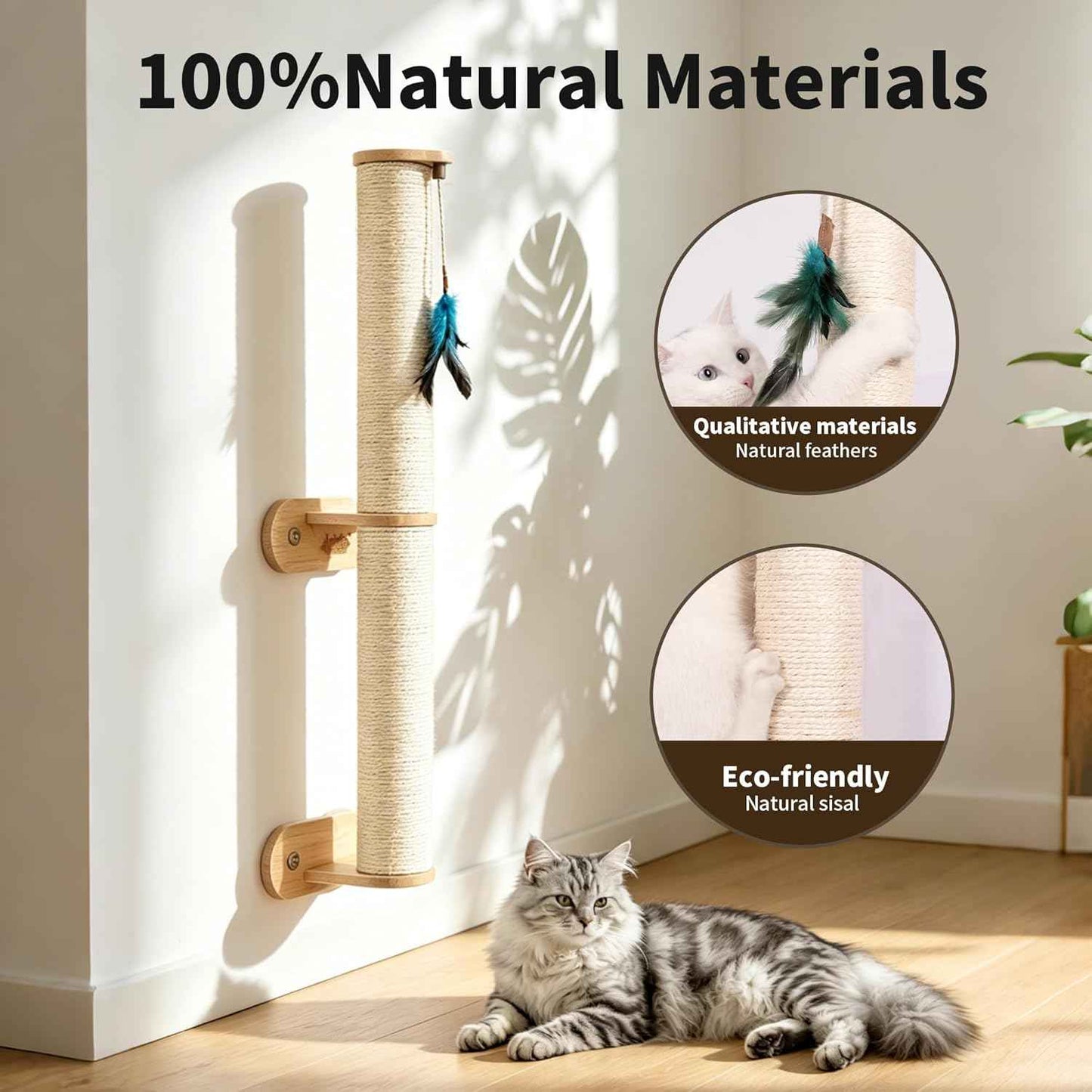 Lulu's World Cat Wall Scratcher,32" Tall No-Drill Wall Mounted Kitten Scratching Post, Cat Wall Furniture with 4 Suction Cups, Sturdy Sisal Climbing Tree Cat, Wall Shelves for Indoor Large Cats