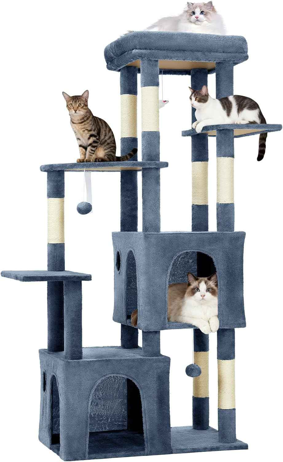 GarveeLife 61" Multi-Level Cat Tree for Indoor Cats, Heavy-Duty Tower for Large Adult & Maine Coon Cats with Oversized Perch, Dual Condos, Natural Sisal Scratching Posts & Play Toys – Light Blue