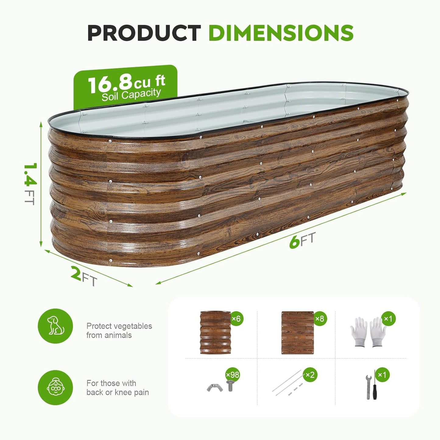 Galvanized Raised Garden Bed Outdoor- 6x2x1.4ft Oval Steel Raised Beds for Gardening, Metal Planter Box with Protective Strip and Gloves for Vegetables, Flowers, Fruits (Brown)