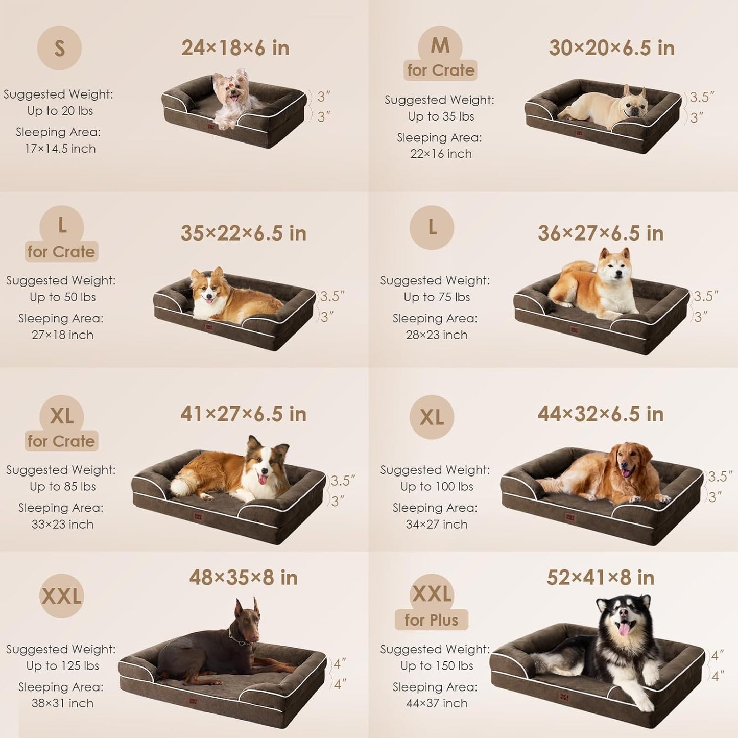 EHEYCIGA Orthopedic XL Dog Beds, Waterproof Memory Foam Dog Bed for Extra Large Dogs, Non-Slip Bottom and Egg-Crate Foam Big Pet Couch Bed with Washable Removable Cover, Brown