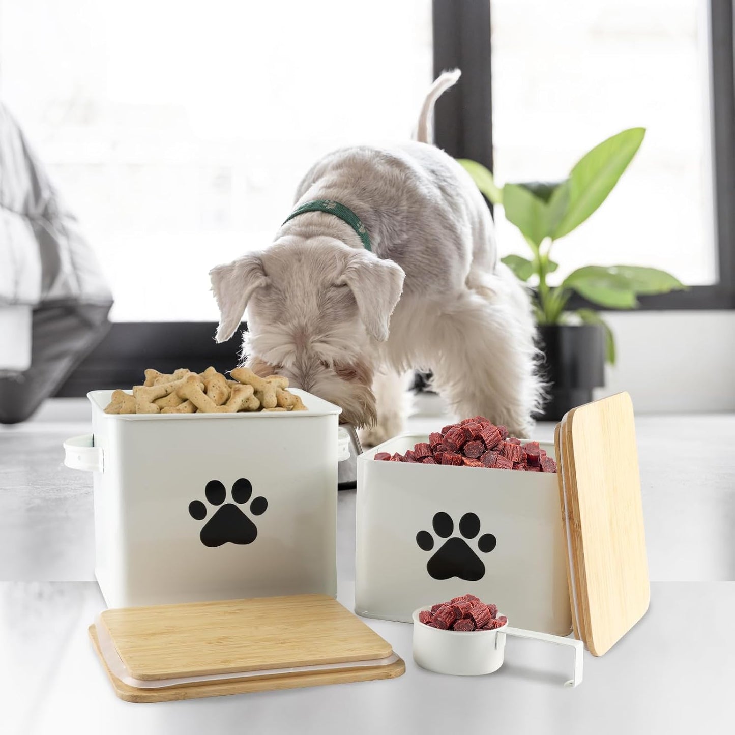 Dog Food Storage Container, 2 Metal Buckets with Bamboo Lids Dog Treat Container for Kitchen Countertop & Pantry Organization, Airtight Pet Food Canister Bin for Small Pets & Farmhouse Decor
