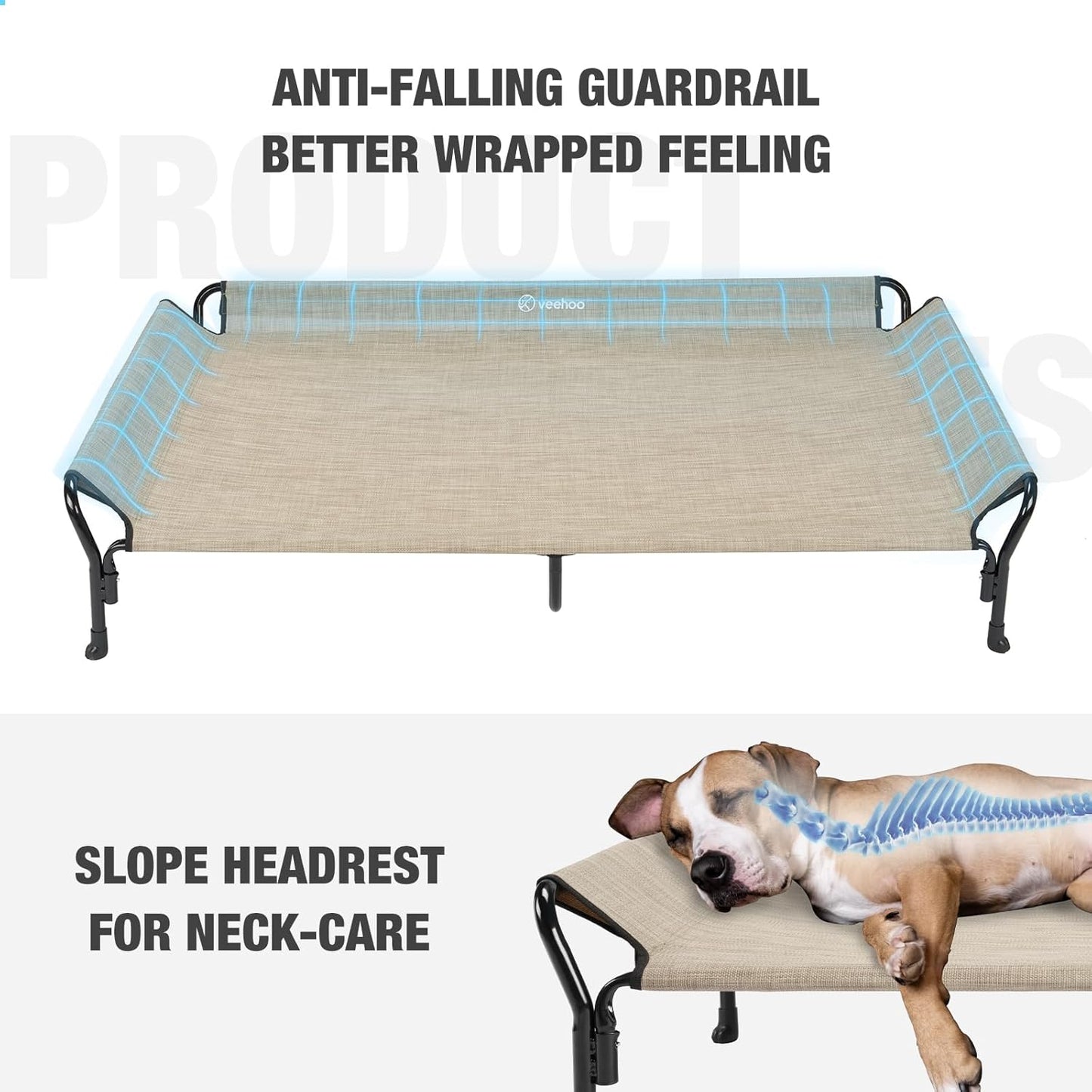 Veehoo Cooling Elevated Dog Bed, Guardrail Raised Pet Cot, Indoor & Outdoor XXL Pet Bed with Washable & Breathable Teslin Mesh, Non-Slip Feet, Dog Couch Bed, 62.5" x 37", Beige Coffee