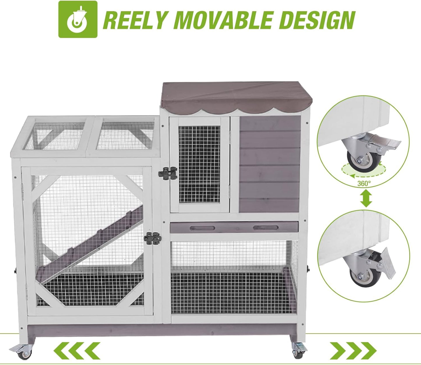 2-Story Rabbit Hutch Indoor Bunny Cage Outdoor Guinea Pig House with Chew-Proof Ramp, Leak-Proof Tray, Lockable Wheels for Rabbits, Guinea Pigs, Small Animals (Grey)