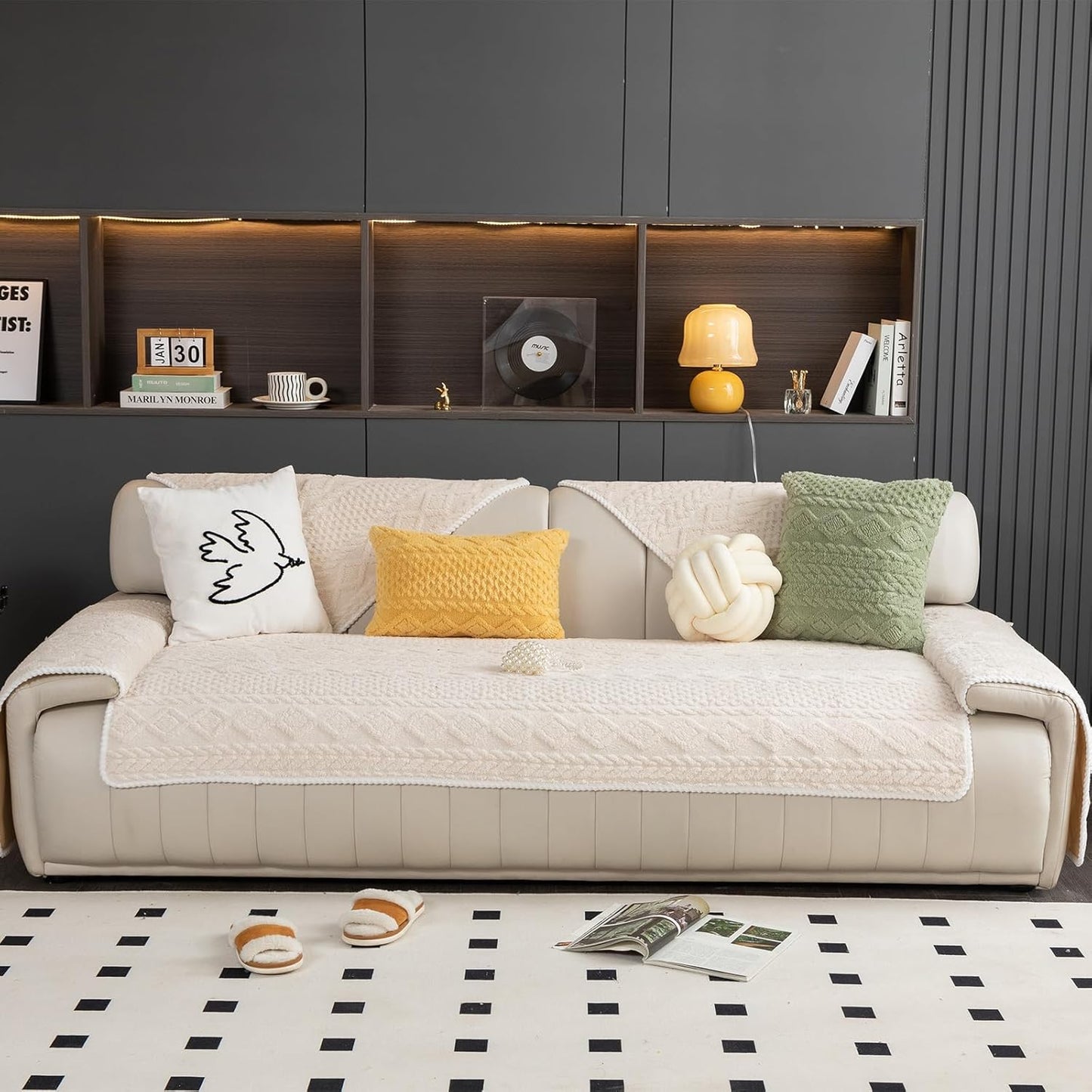 Geometric Jacquard Plush Warm Sofa Couch Cover, Soft Funny Fuzzy Couch Covers, Non Slip Sectional Sofa Slipcover, Cozy Washable Furniture Protector for Kids, Pets (Beige White, 36"x 94")