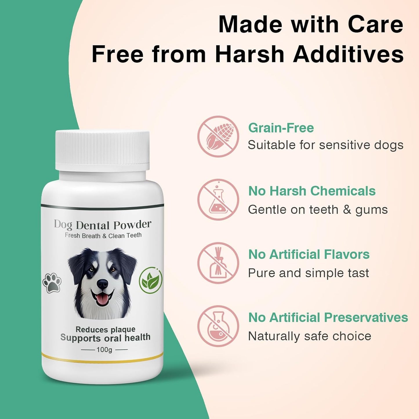 Dog Teeth Cleaning Powder 100g Fights Plaque & Tartar Freshens Breath All-Natural Ingredients for Dogs of All Breeds and Ages Easy to Use Dog Dental Powder