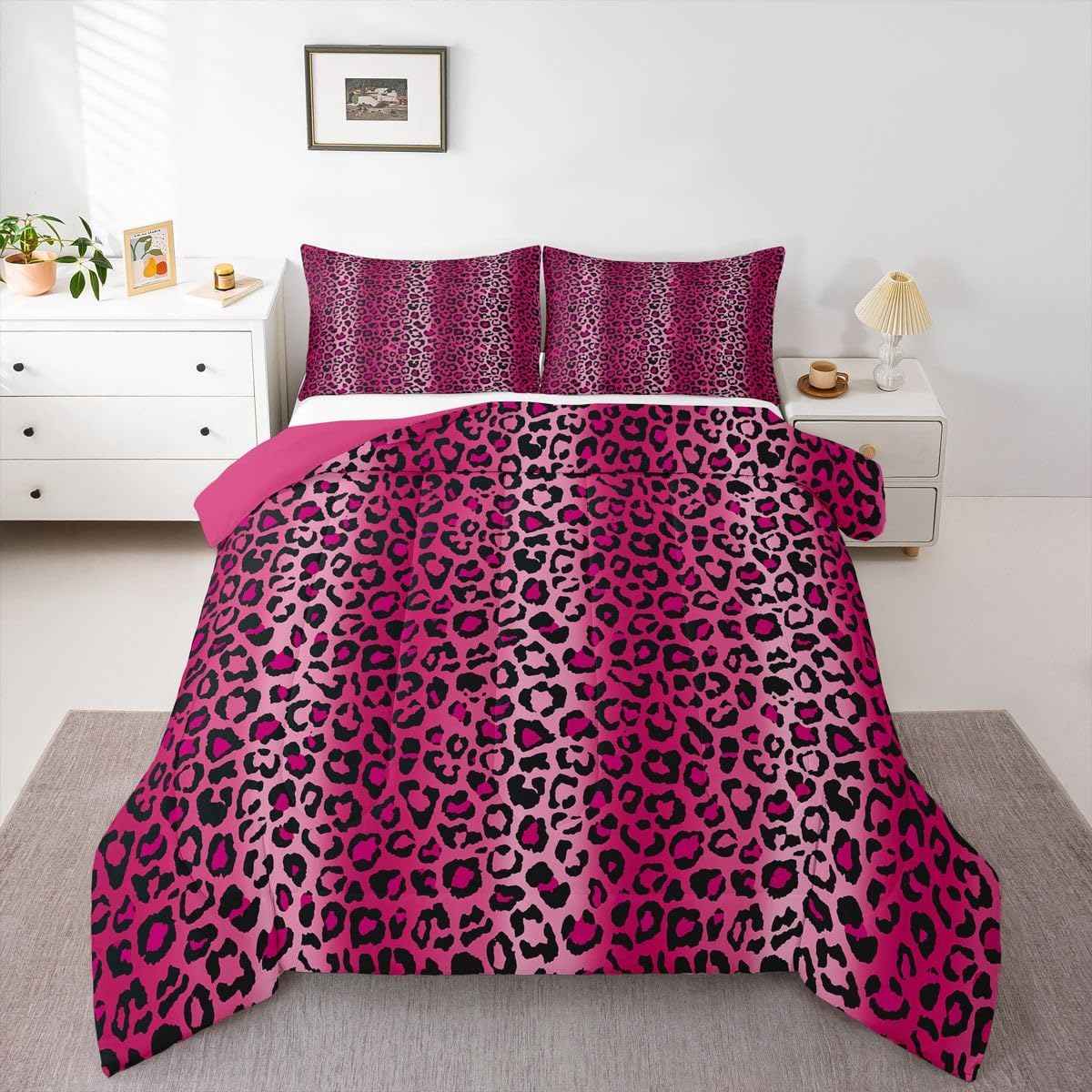 Leopard Print Comforter Women Cheetah Print Comforter Set For Kids Girls Pink Red Black Sexy Luxury Bedding Set Ultra Soft Decor Africa Animal Wildlife Duvet Set Reversible Twin Size Quilt Set