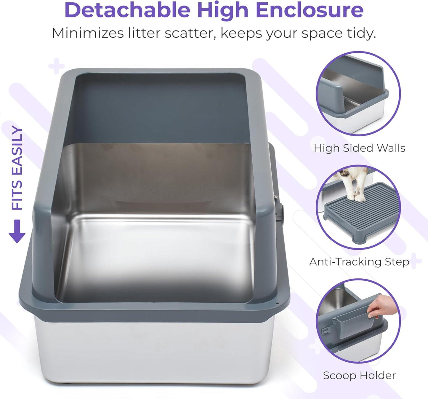 iPrimio Premium Stainless Cat Litter Box for Easy Cleanup - Durable and High Sides Stainless Steel Litter Box with Step Scoop - Mat Elevated for Cats - Scratch and Bite Proof - Dark Grey