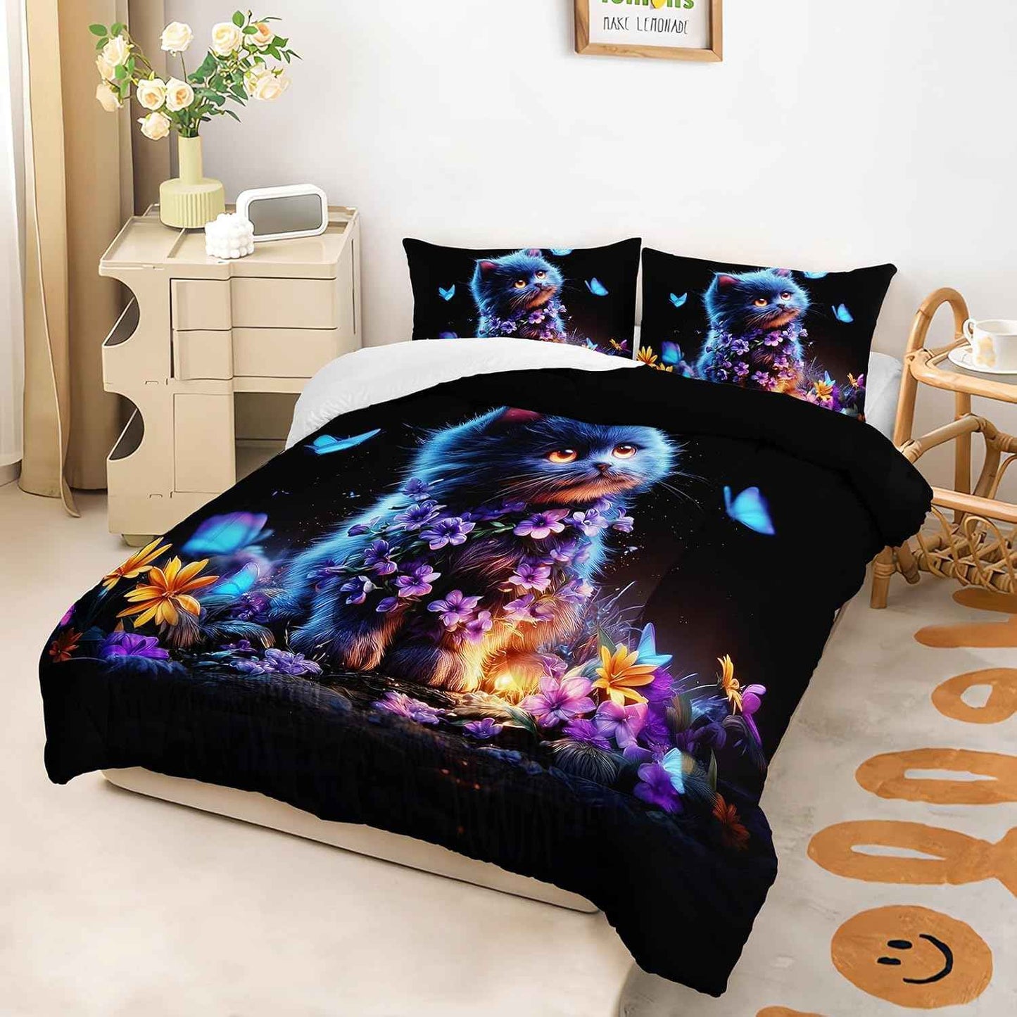 Blue Cat Themed Comforter 3Pcs Twin Mysterious Animal Pet Cat Kitten Butterfly Bedding Set for Kid Teen Girl Boy Adult Dreamy Aesthetics Floral Quilt Bed Decor with 1 Comforter & 2 Pillowcases