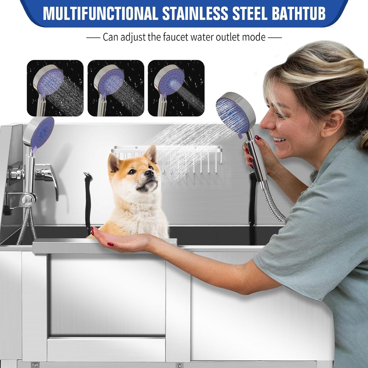 Dog Washing Station 38'' Stainless Steel Pet Grooming Tub for Large Dogs Over-Size Professional Dog Grooming Bathtub Station Wash Shower Sink Pet Grooming Bathtub Station