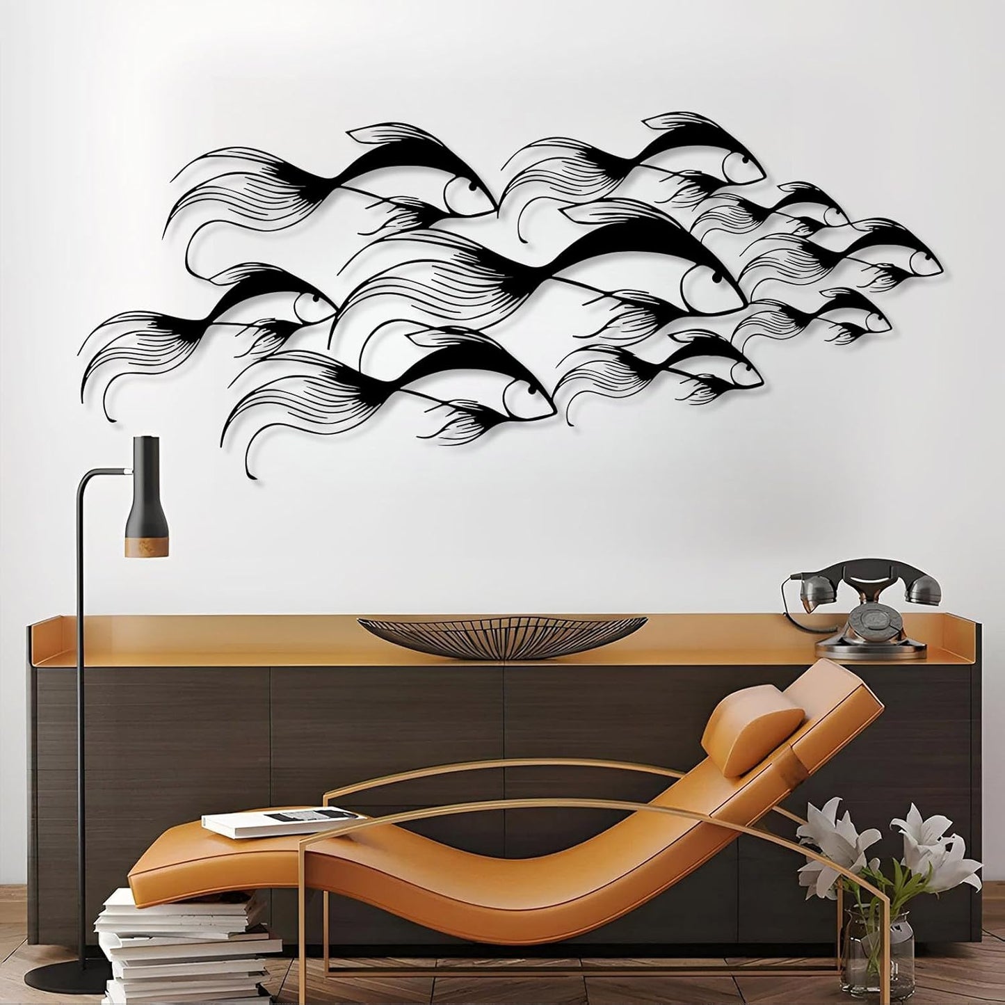 School of Fish Metal Wall Art, Metal Fish Wall Decor, Sea Life Wall Art, Large Nautical Wall Hanging, Modern Beach House Wall Decor, Ocean Themed Artwork for Bathroom (Black, 41"x18" | 105x45cm)