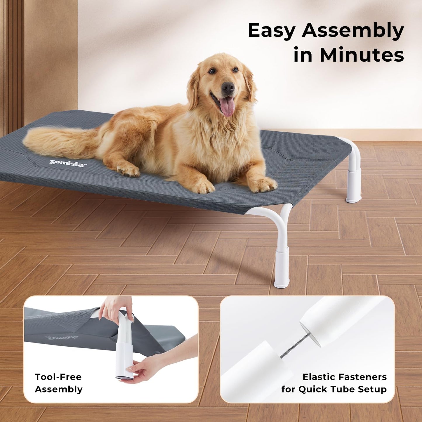 ZOMISIA XL Elevated Dog Cot Bed Tool-Free Assembly - Outdoor Raised Dog Cooling Bed Frame for Large Pets, Summer Pet Hammock Off Ground with Non-Slip Feet & Waterproof Teslin Mesh, 48x33 Inch