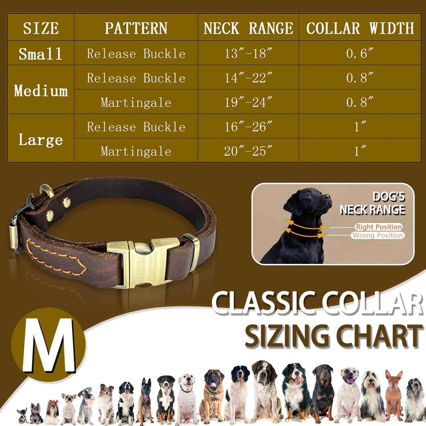 Leather Dog Collar with Metal Quick Release Buckle, Soft Genuine Cowhide Heavy Duty Metal Dog Collar Adjustable for Small Medium Large Dogs Pets. (M, Neck 14-22"(Release Buckle))