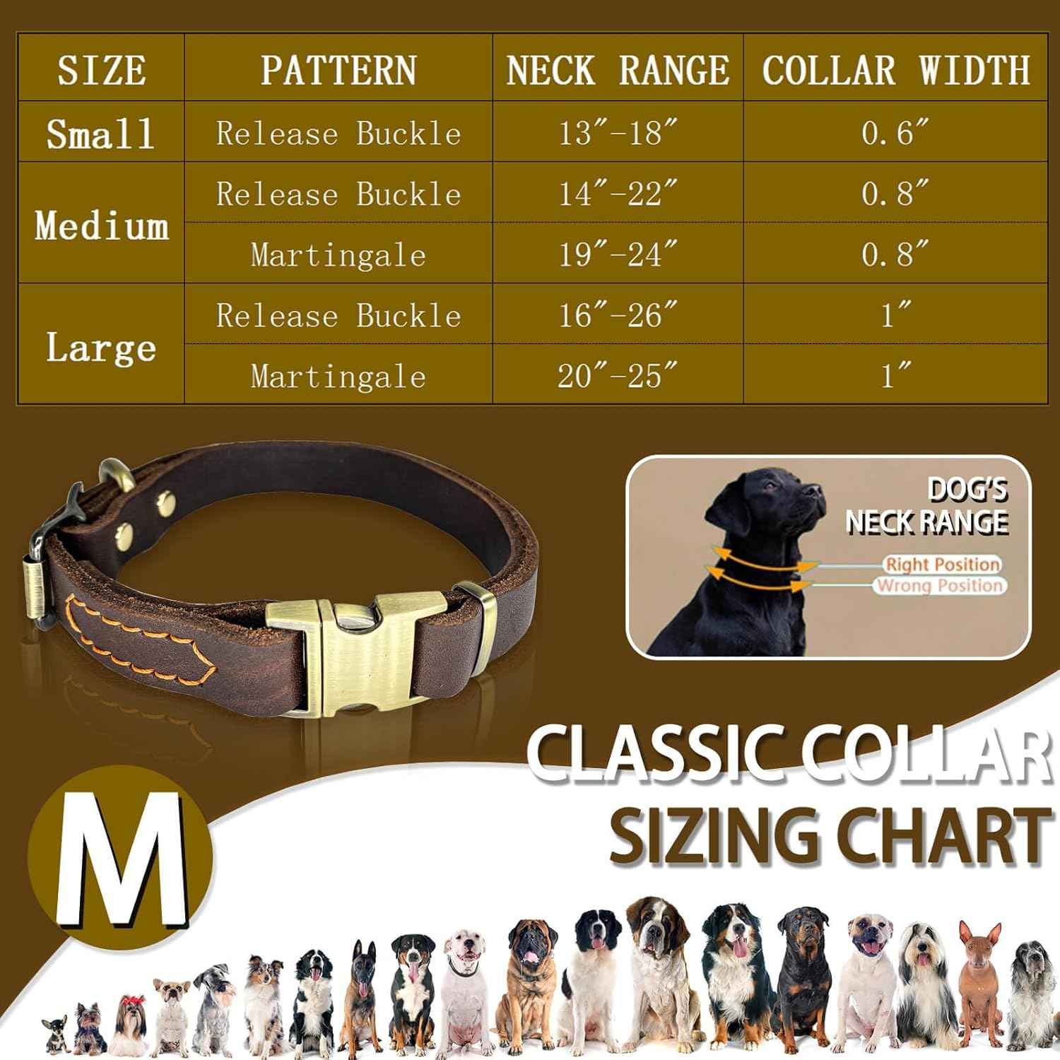 Leather Dog Collar with Metal Quick Release Buckle, Soft Genuine Cowhide Heavy Duty Metal Dog Collar Adjustable for Small Medium Large Dogs Pets. (M, Neck 14-22"(Release Buckle))