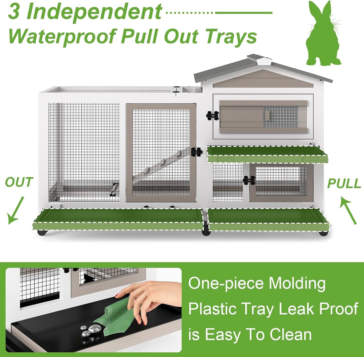 Rabbit Hutch Outdoor Indoor, 2 Story Wooden Bunny Cage with 6 Lockable Wheels, 3 Removable Deep No Leakage Pull Out Trays for Rabbit & Guinea Pig, Chew-Proof Ramp & Waterproof Roof, Grey