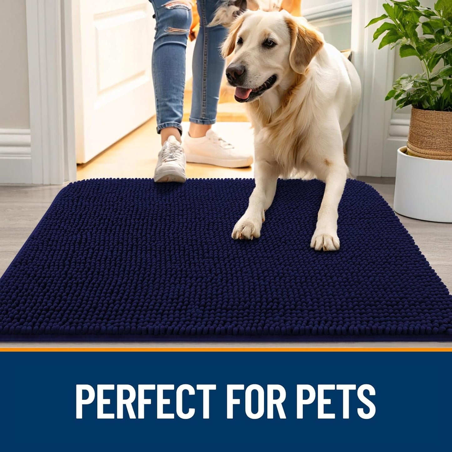 OLANLY Dog Door Mat for Muddy Paws 44x24, Absorbs Moisture and Dirt, Absorbent Non-Slip Washable Doormat, Quick Dry Chenille Mud Mat for Dogs, Entry Indoor Entryway Carpet for Inside Floor, Navy Blue