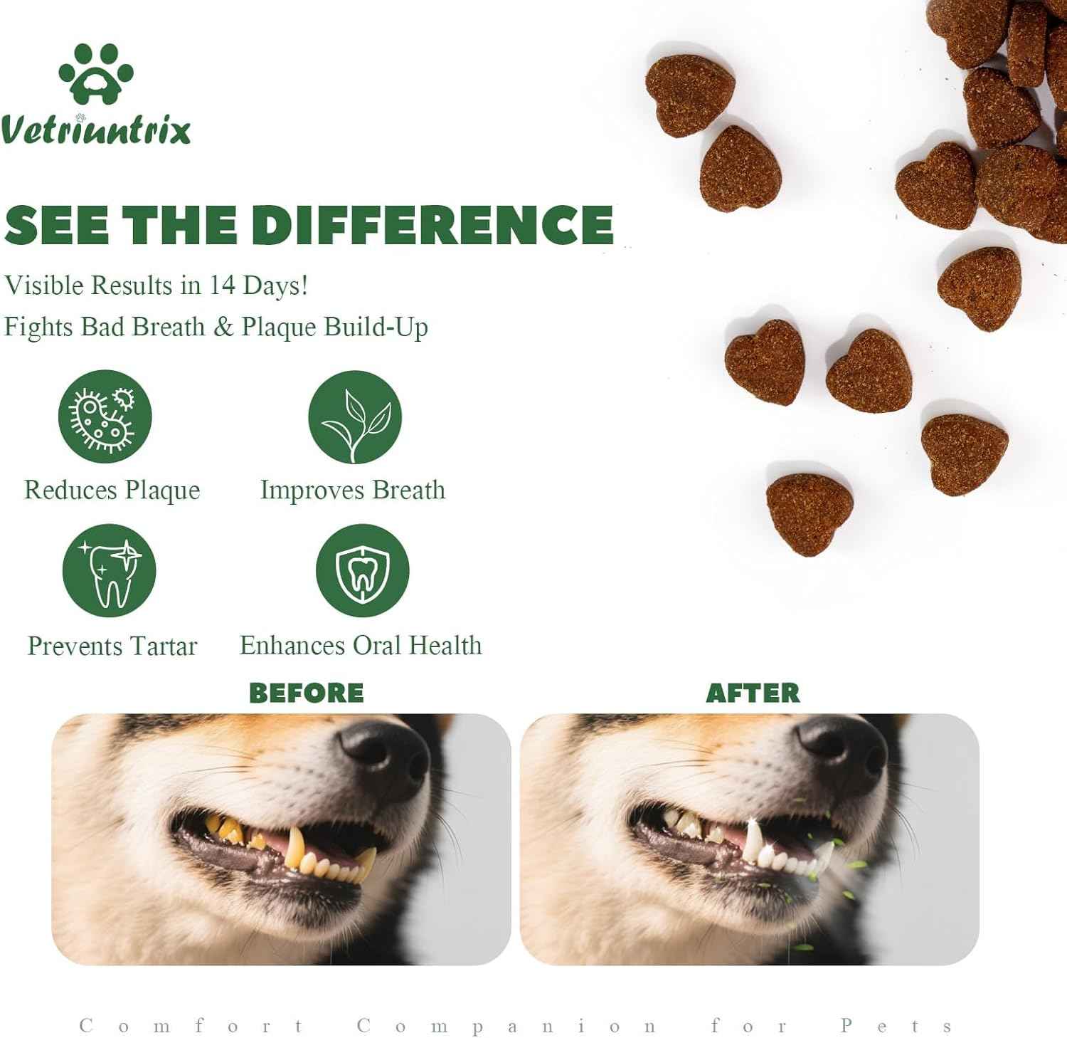 Dog Dental Chews, Dog Teeth Cleaning Soft Chews for Fresh Breath, Plaque & Tartar Control, Dental Care for Dogs with Natural Enzymes and Probiotics