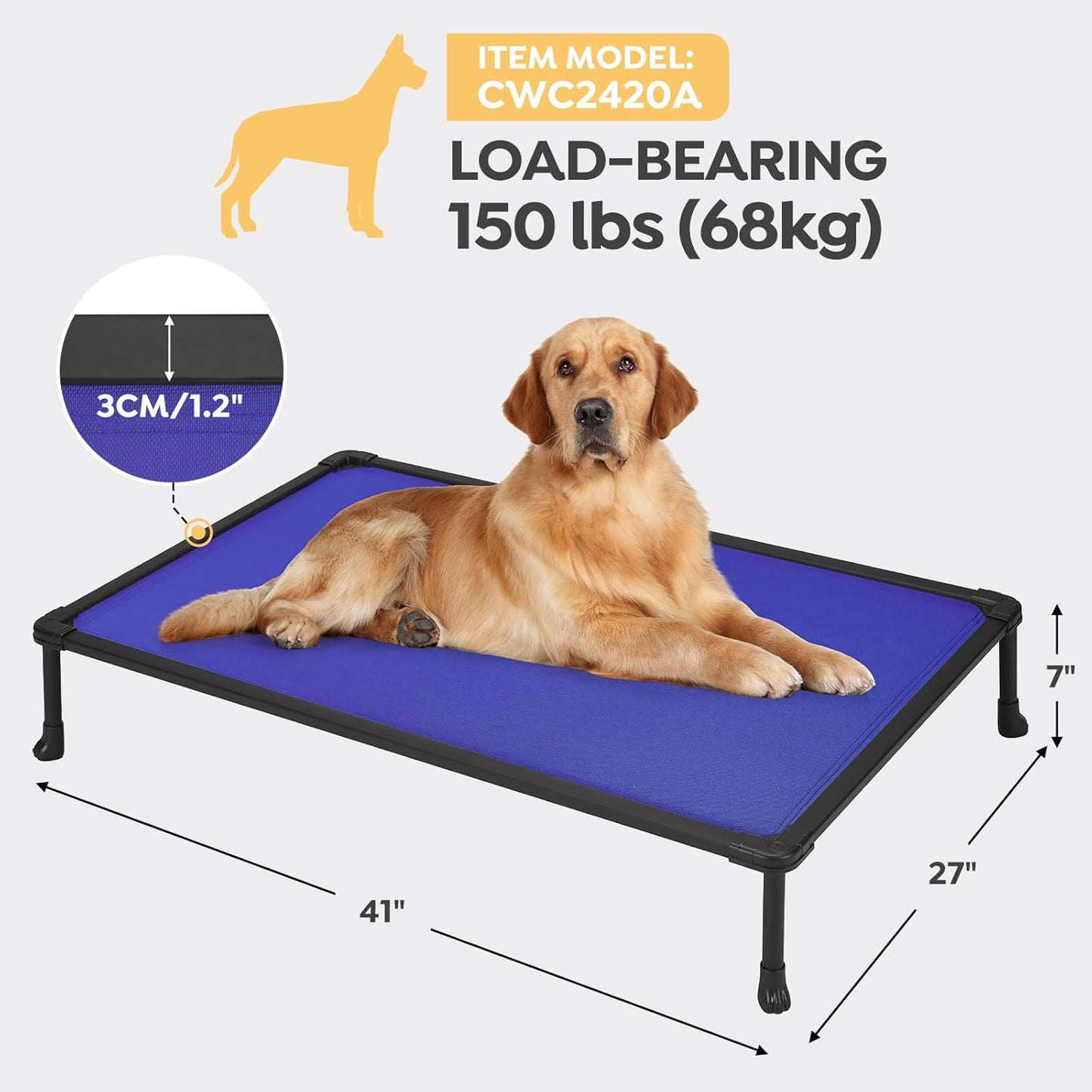 Veehoo Chew Proof Dog Bed, Non-Chewable Cot for Large Dogs, Anti-Scratch Durable Hammock Raised Place for Training Platform, Outdoor Cooling Off Ground, CWC2420ACP