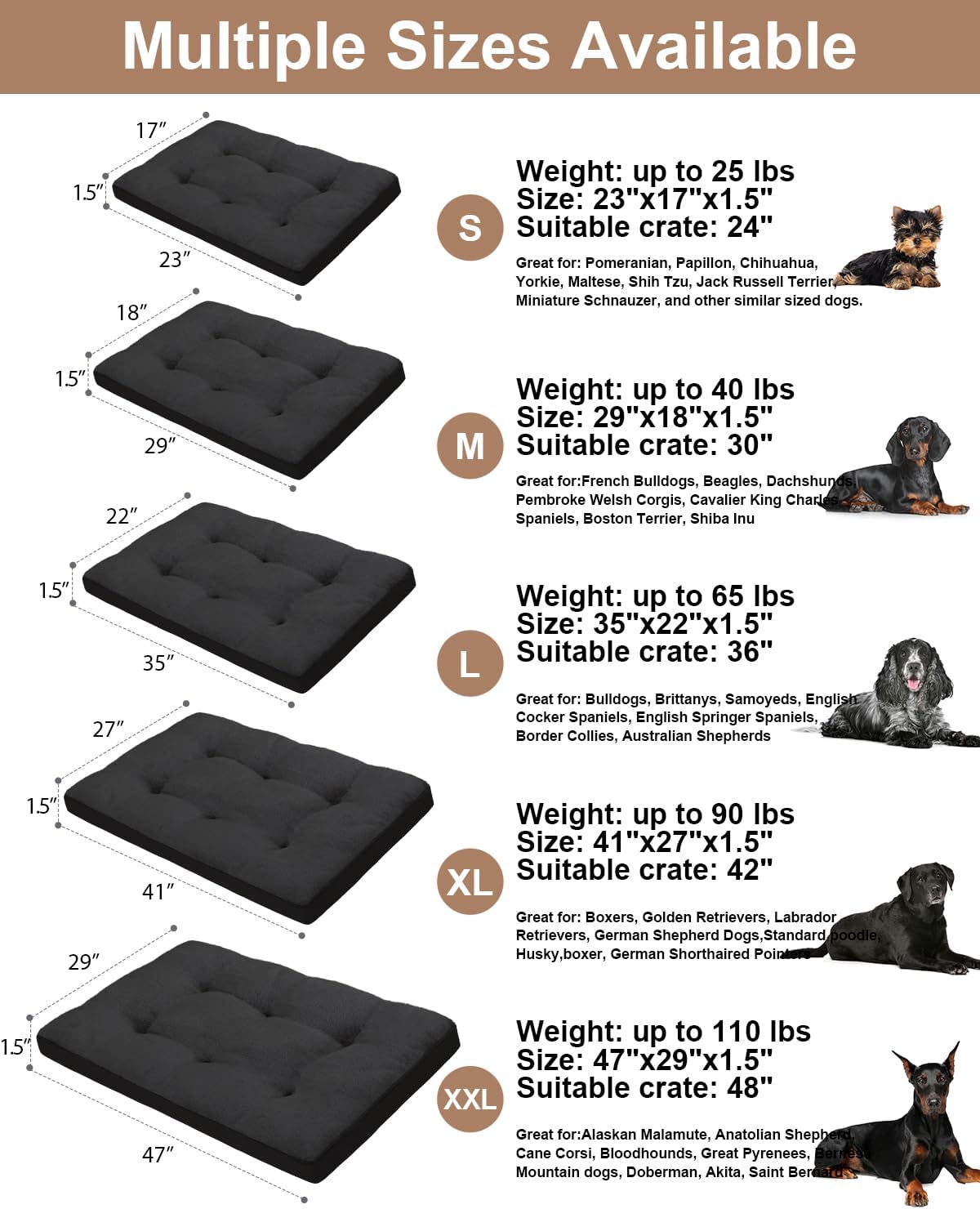 EMSLX Dog Crate Bed for Large Size Dogs,Washable Dog Kennel Pad Ultra Soft Pet Sleeping Mat for Cages,Anti-Slip Bottom,35x22 inch,Black