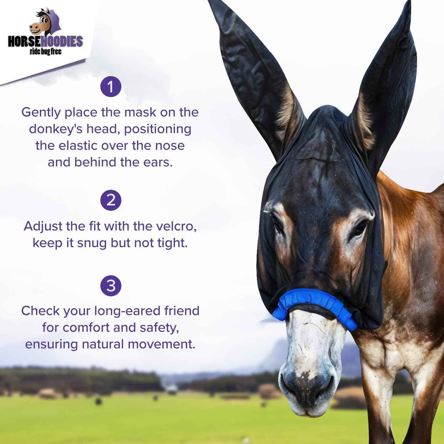 Donkey Fly Mask with Long Ears - (Blue) Half Hoodie for Standard Donkey Fly Mask with Ears Protection from Insects and Bugs, Soft Mesh Fabric with Adjustable Fastener, Flymask for Donkeys Made in USA