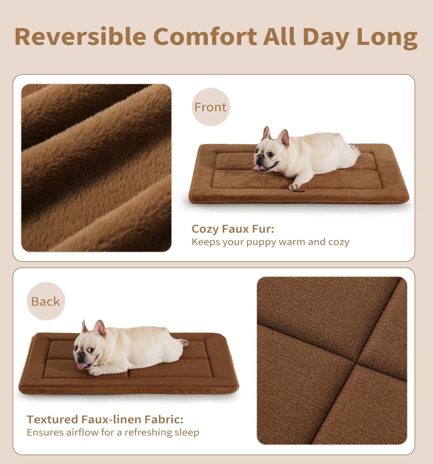 Made4Pets Dog Crate Pad Bed for Large Dogs, Washable & Reversible, Anti-Slip Kennel Mat for Cozy Sleeping, Soft Fluffy Dog Bed for Indoor & Outdoor Use, 36"x27", Brown