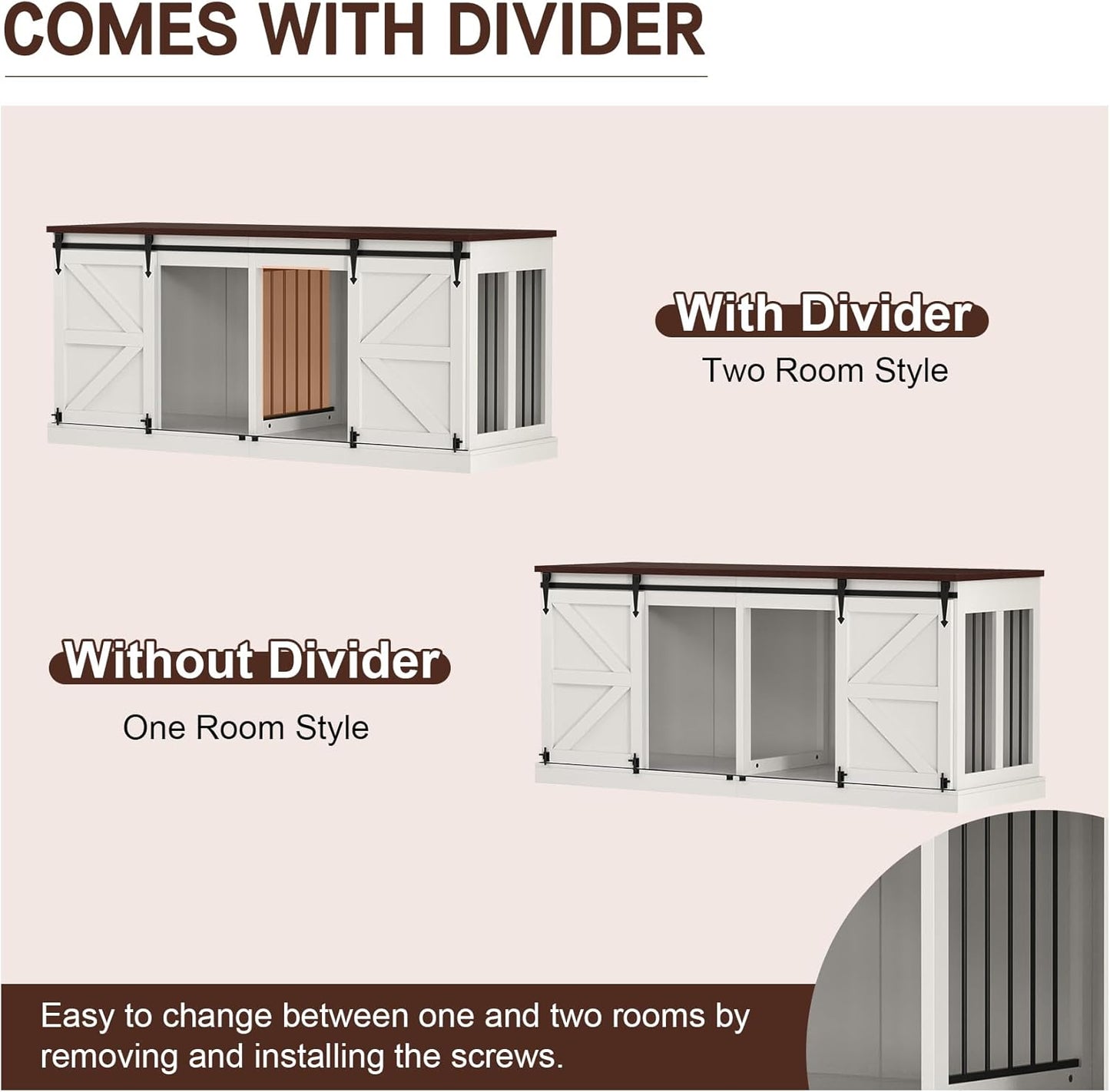 Dog Crate Furniture - Indoor Wooden Dog Kennel with Room Divider and Double Sliding Barn Doors - 71”x23.6”x31.5”H, White