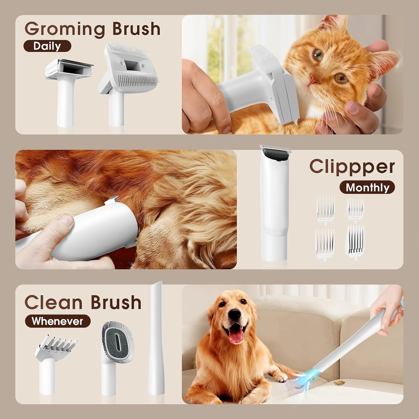 Dog Grooming Vacuum Kit with 4L Dust Cup, 6 Pet Grooming Tools for Home Grooming, Low-Noise Pet Hair Grooming System for Dogs & Cats