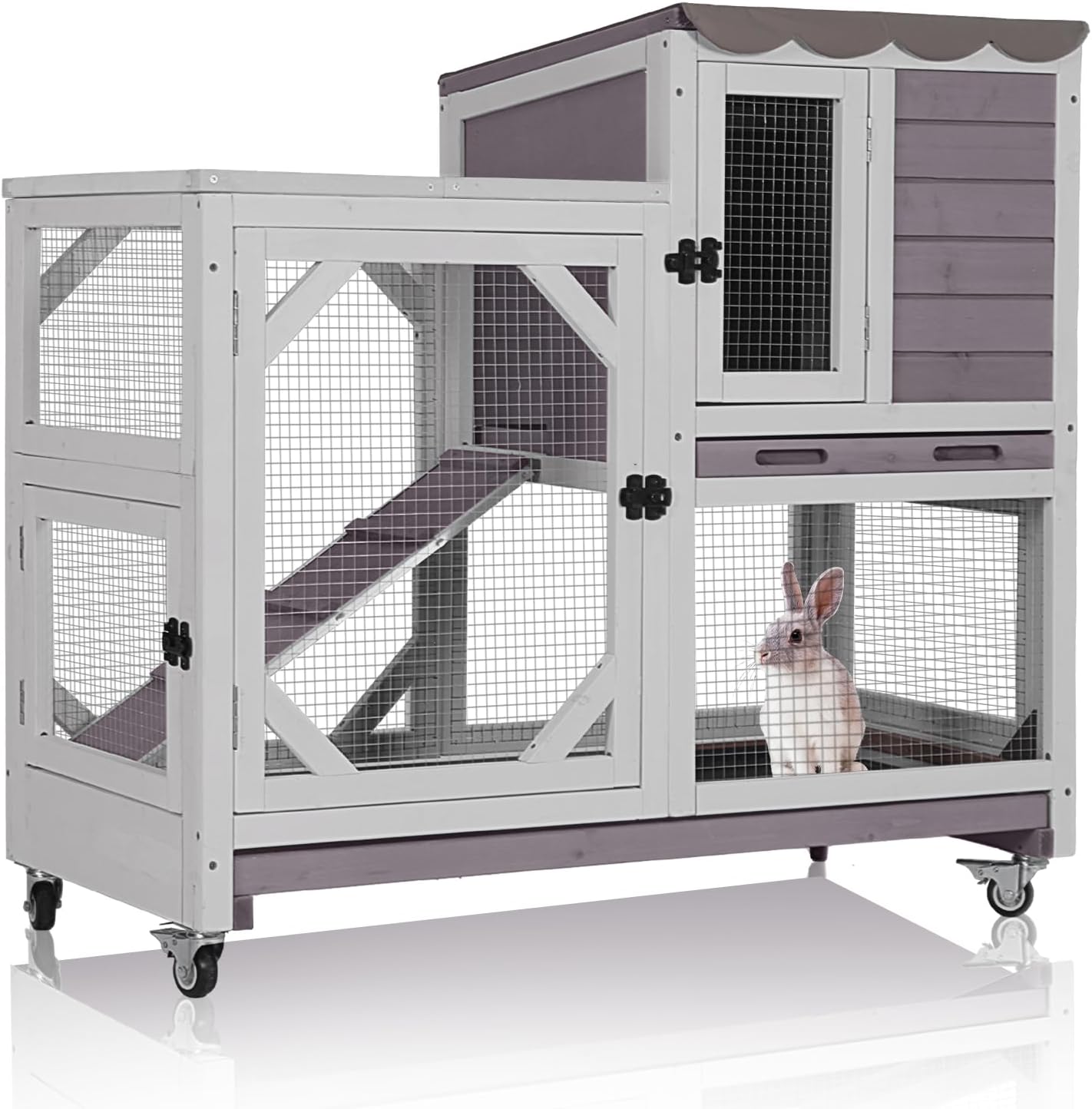2-Story Rabbit Hutch Indoor Bunny Cage Outdoor Guinea Pig House with Chew-Proof Ramp, Leak-Proof Tray, Lockable Wheels for Rabbits, Guinea Pigs, Small Animals (Grey)