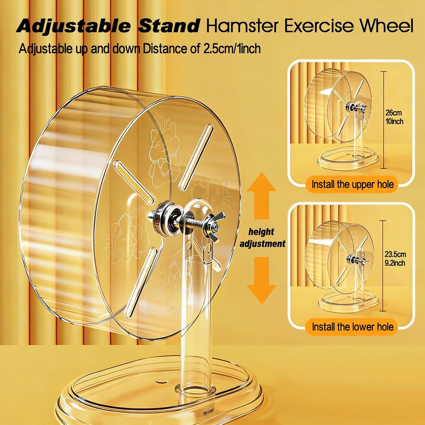 Hamster Exercise Wheel,Super-Silent Small Animals Exercise Wheels,Quiet Hamster Running Wheels with Adjustable Stand for Hamsters, Gerbils, Rats, or Other Small Pets (Transparent, 8.3 inch)