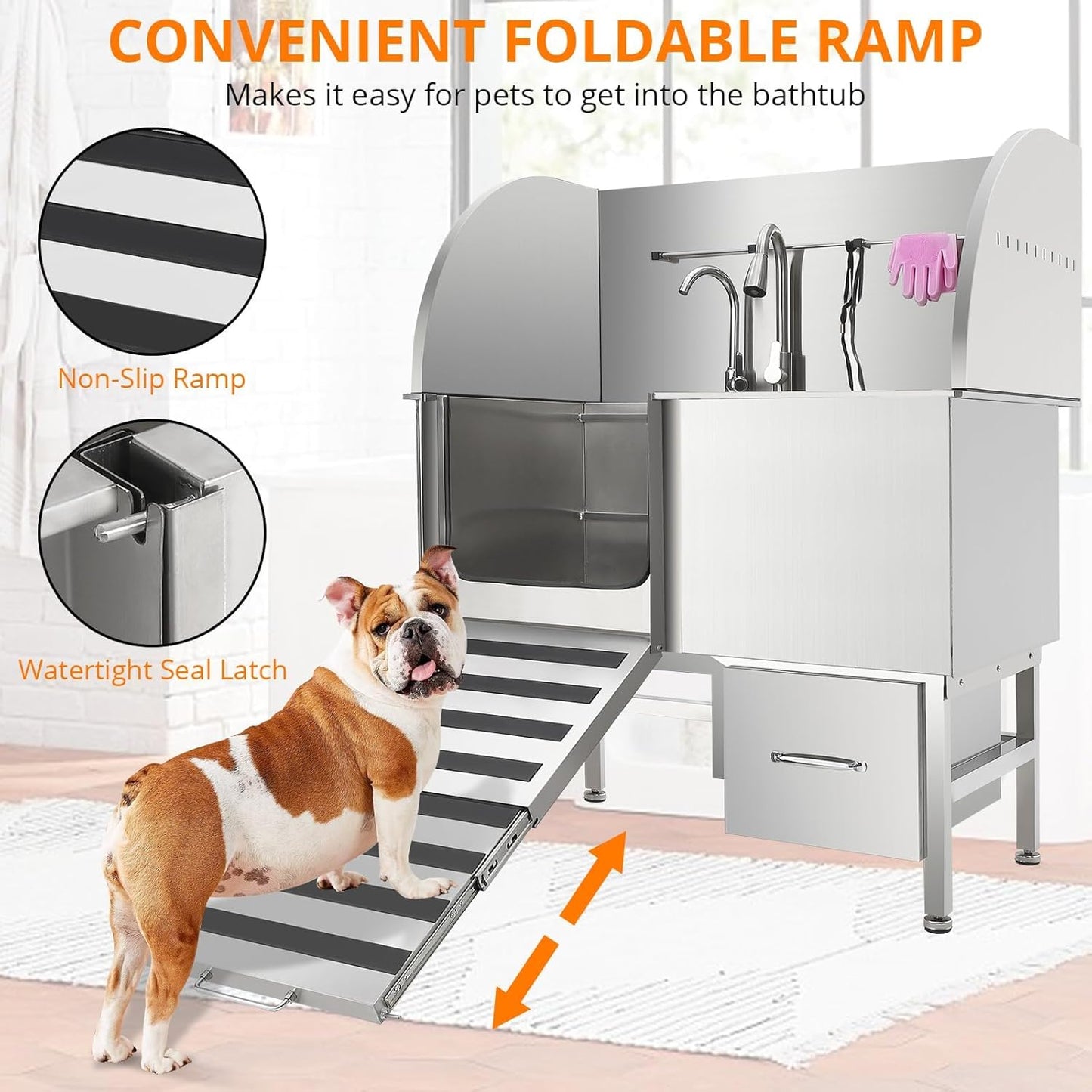 Professional Dog Washing Station,60" Stainless Steel Pet Grooming Tub w/Sliding Door, Non-Slip Steps,Faucet & Showerhead & Soap Holder Bathtub,for Medium & Small Dogs, Supports 250Lbs