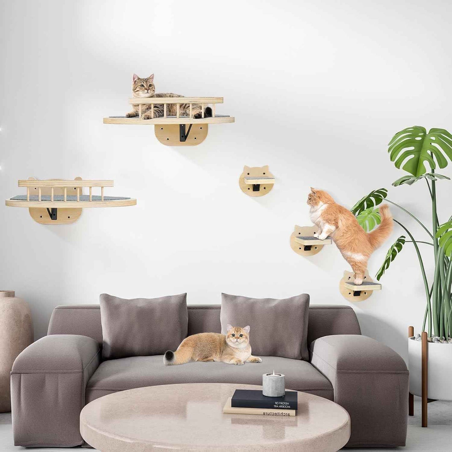 Cat Wall Shelves Furniture Set with Scratching Pad，Wooden Cat Climbing Wall Systems with 2 Perches and 3 Steps, Floating Shelves Bed Wall Mounted for Indoor Fit Up to 15Lbs (Burlywood)