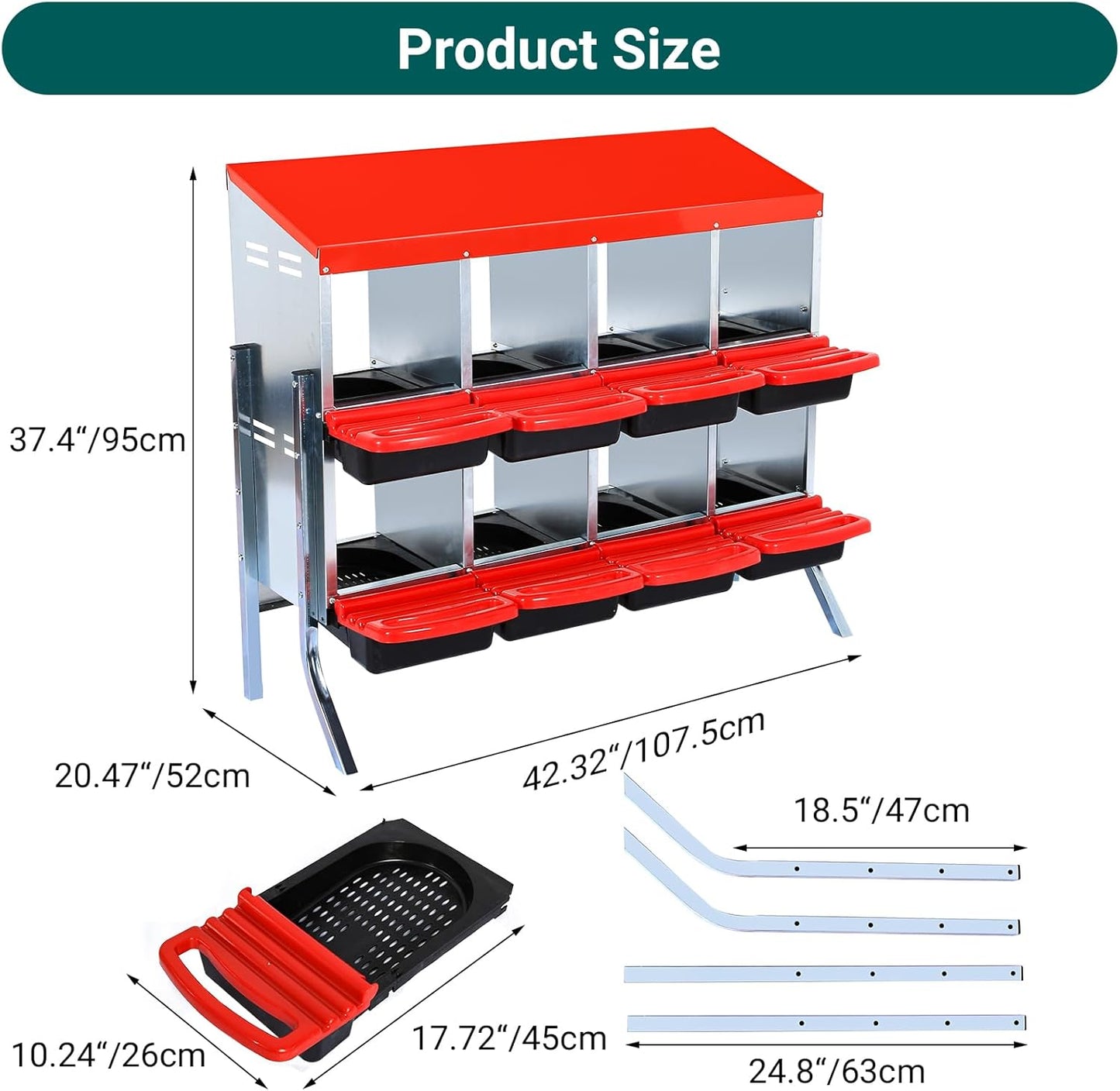 Garvee Chicken Nesting Boxes, 8 Hole Metal Chicken Laying Box with Removable Trays and Roll Out Egg Collection for Chicken Coop, Red, with Metal Legs