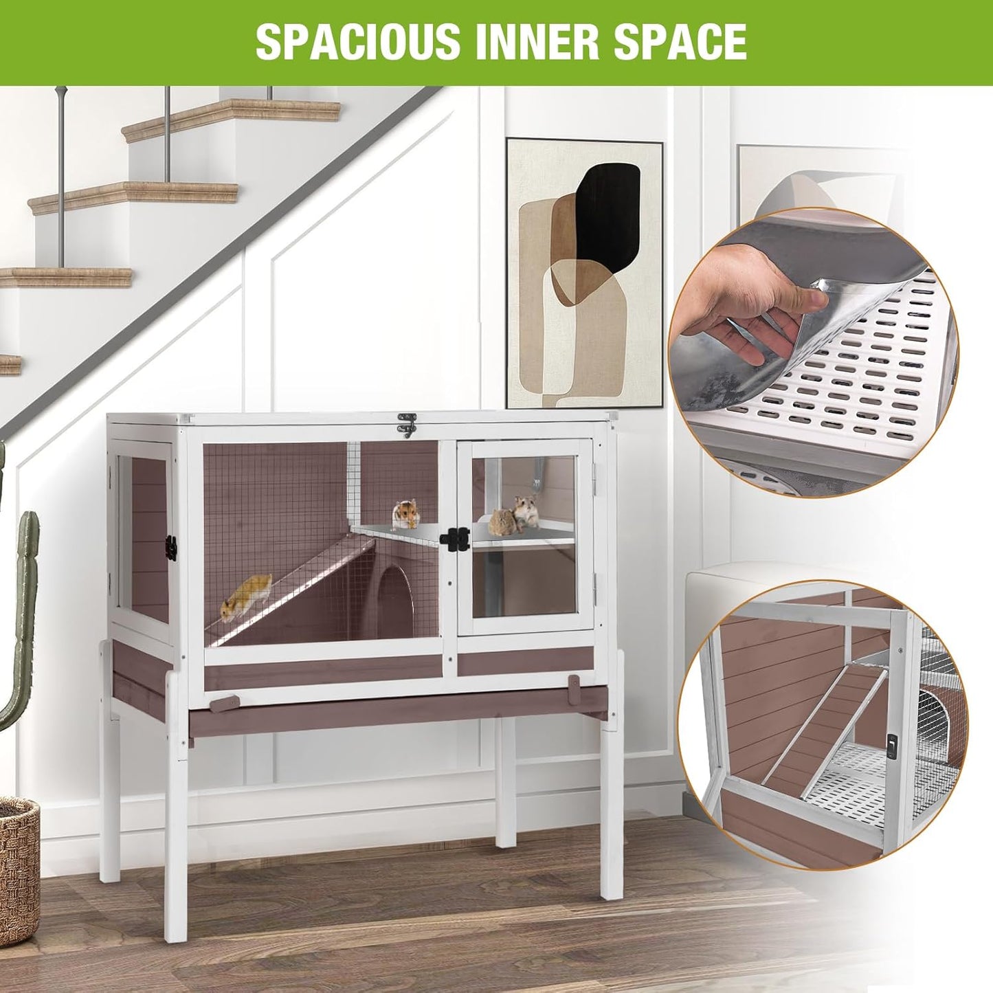 Wooden Guinea Pig Cages Indoor,Two-Story Wooden Rabbit Cage Hutch with Removable Stand and Pull Out Tray, Small Animals Cage Habitat with Ramp and Plastic Mesh(Brown&White)