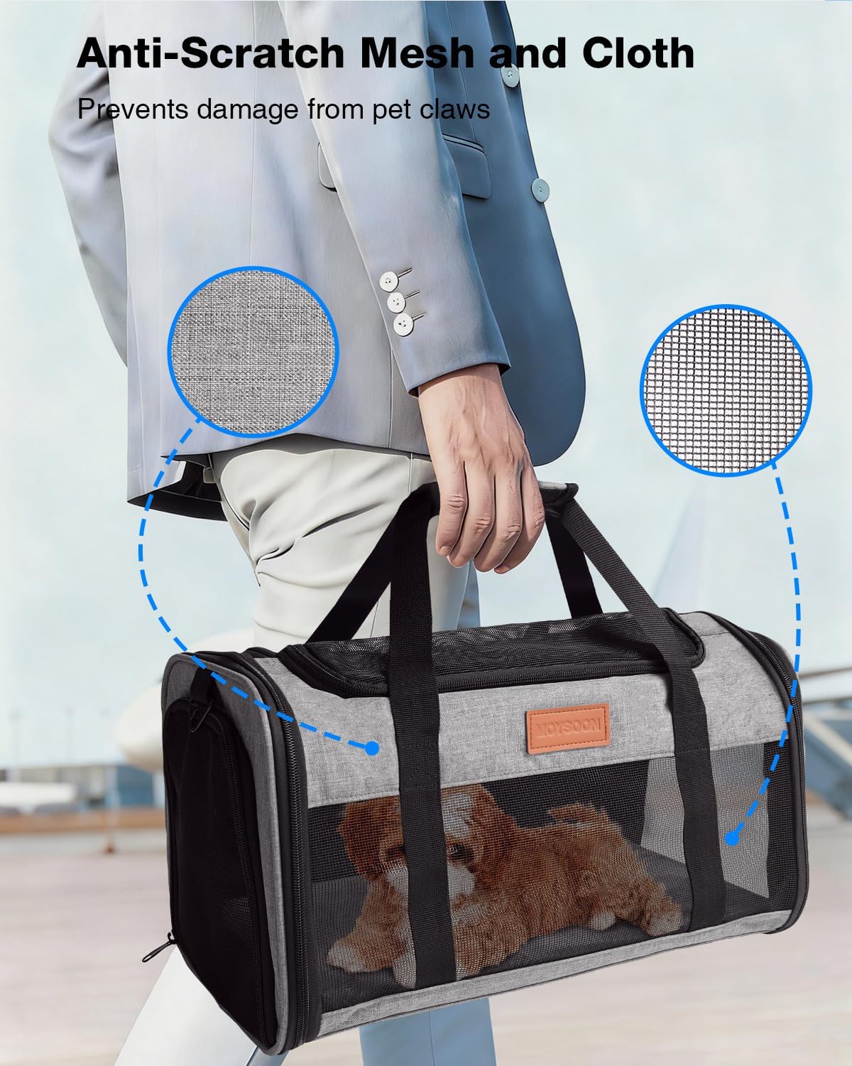 Pet Carrier Airline Approved 17x11x9.5 in - Underseat, Top & Side Entry Soft Dog Cat Travel Carrier with Safety Zippers ＆ Anti-Scratch Mesh for Small Cat and Dog for Pets Up to 10 Lb - Grey