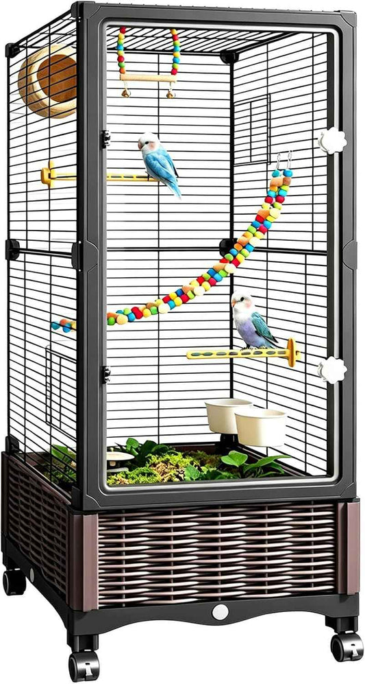 Rolling Bird Cage with Clear View Acrylic Door, Indoor Flight Cage with Wheels, Modern Decorative Aviary for Parakeets, Cockatiels, and Small Birds S