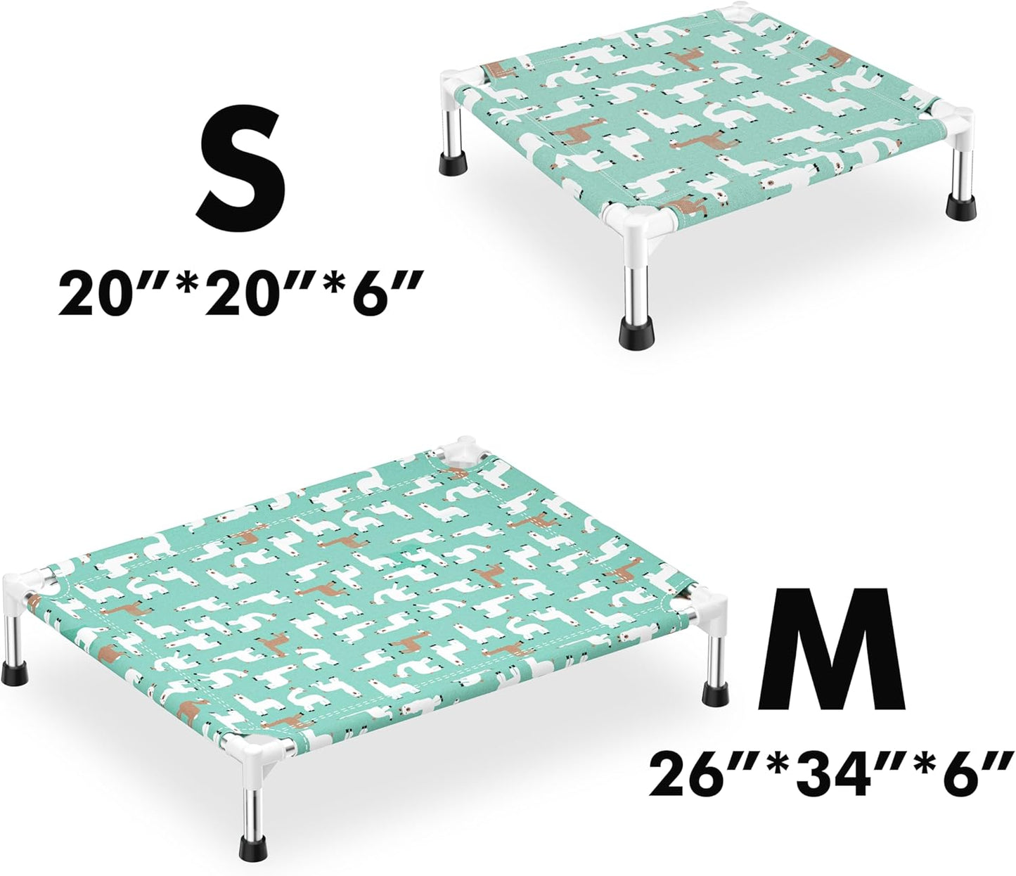 Cute Alpaca Print Elevated Dog Bed - Portable Cooling Pet Cot for Medium Dogs - Breathable Thickened Fabric Hammock, Crate Compatible, Indoor & Outdoor Use