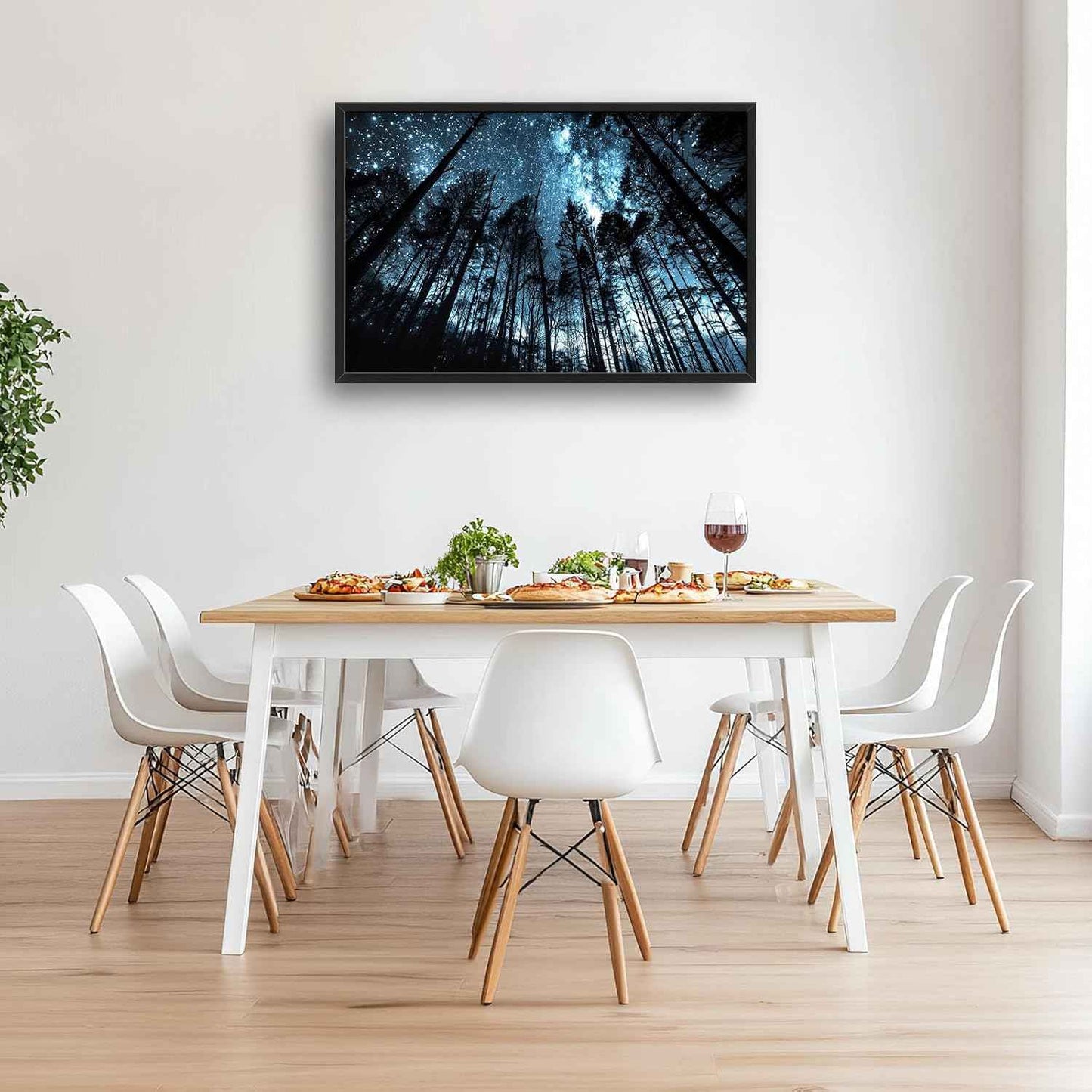 Forest Wall Art Tree Night Pictures Wall Decor Star Canvas Scenery Painting Modern Artwork Home Decoration for Living Room Bathroom Bedroom Office Framed 36"x24"