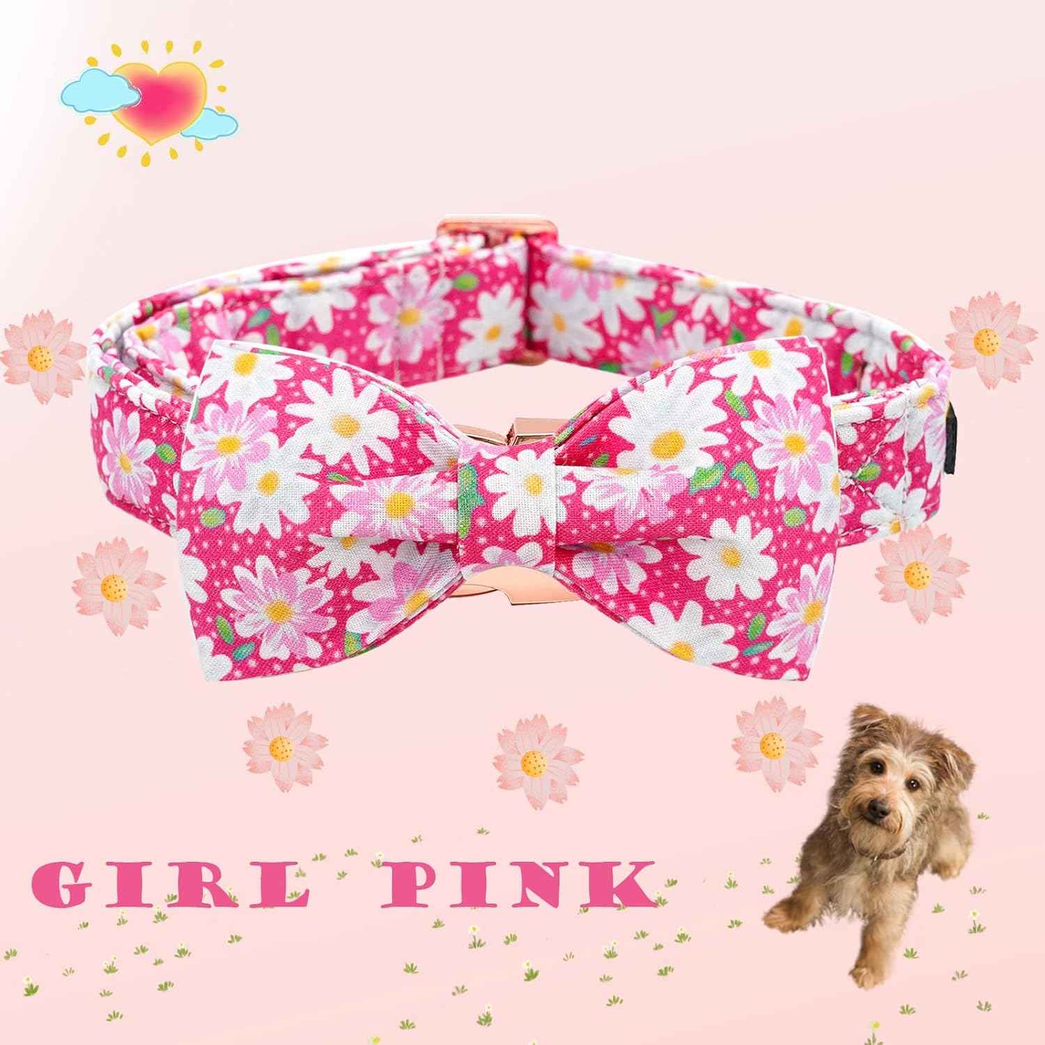 Elegant little tail Dog Collar, Floral Pattern Pet Collars with Bow Girl Cotton Bowtie Collars Spring Puppy Gift Adjustable Pet Collar for Small Dogs