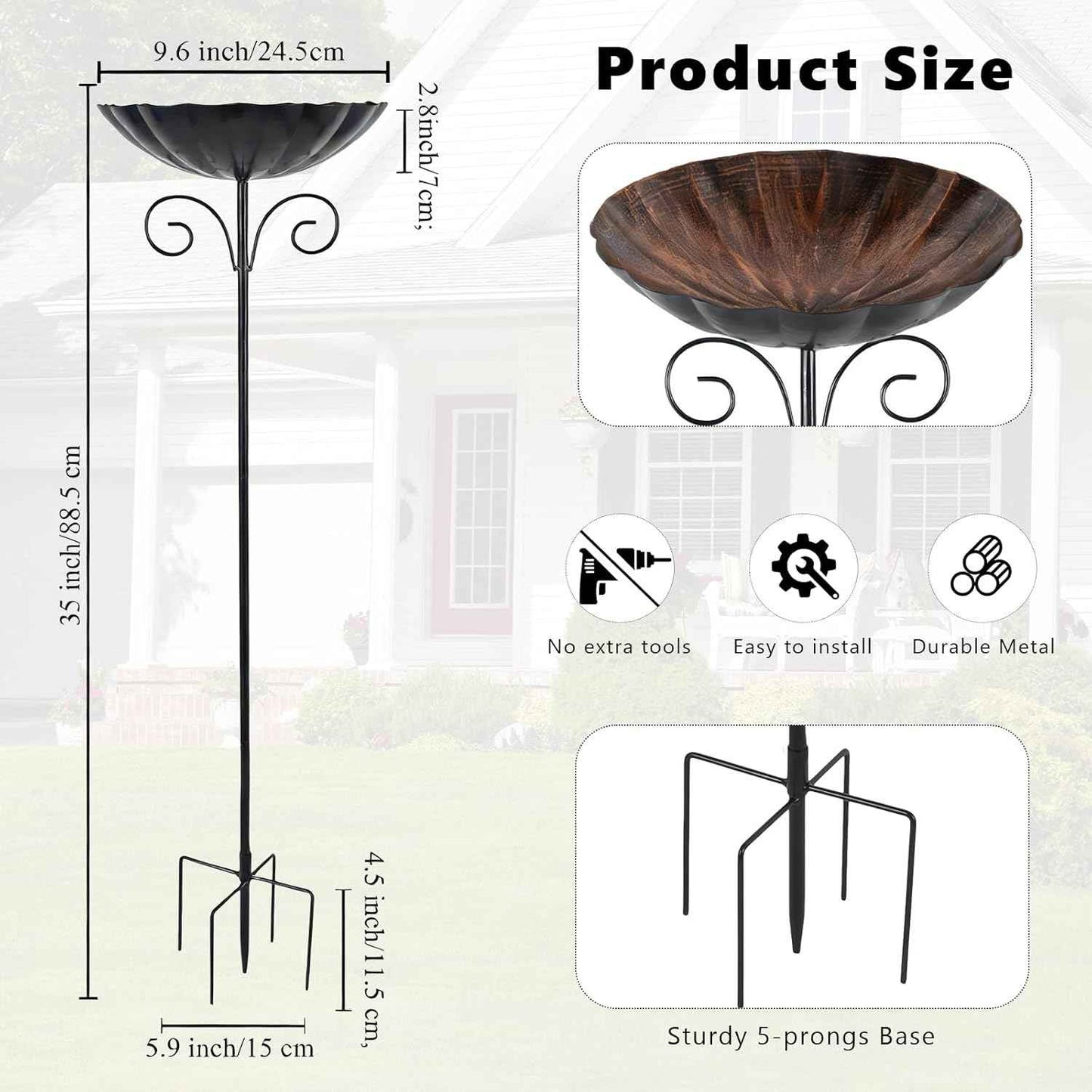 Metal Bird Baths for Outdoors, 39" H Birdbath with 10 Inch Bowl, Standing Bird Bath & Bird Feeder with Stake for Outside Garden Patio Yard Lawn Decor, Copper