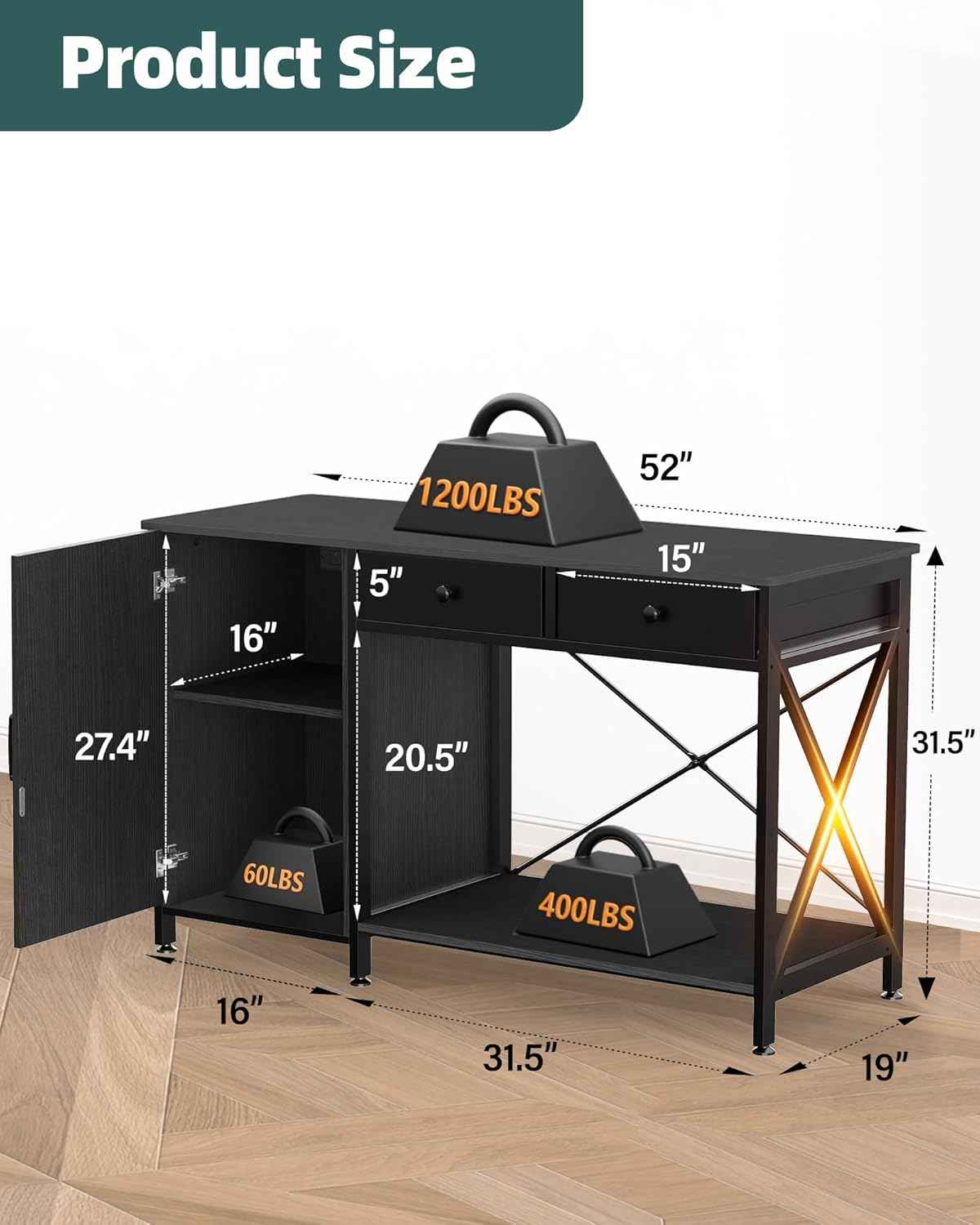 Fish Tank Stand for 55-75 Gallon Fish Tank: Aquarium Stand with Power Outlet - Metal 55 Gallon Tank Stand with Cabinet Drawer Storage for Turtle Tank, Reptile Terrarium (Black 1200LBS Capacity)
