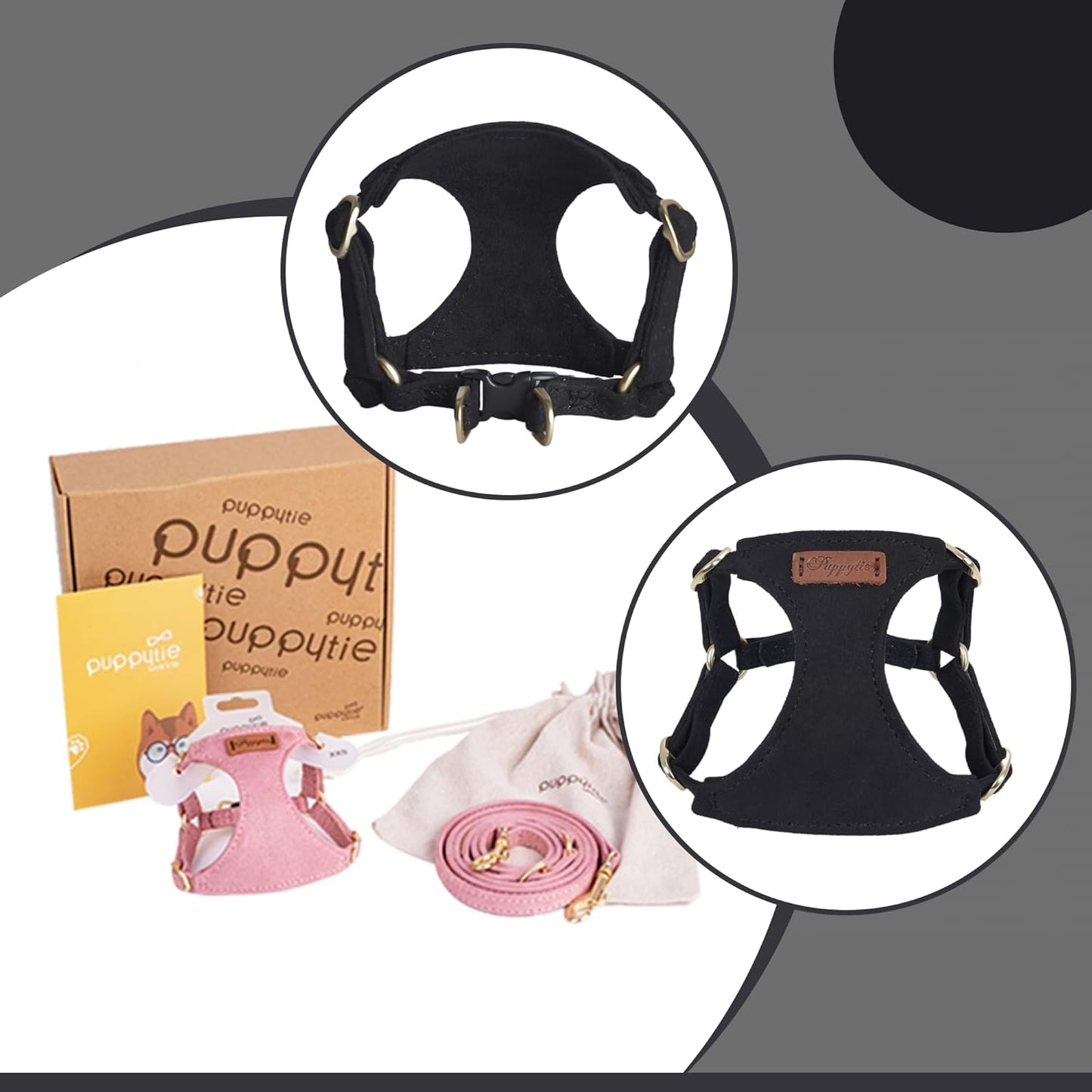 Puppytie No Pull XXS Puppy Harness with Multifunction Dog Leash,Soft Adjustable No Choke Escape Proof Pet Harness Vest,Black,XXS