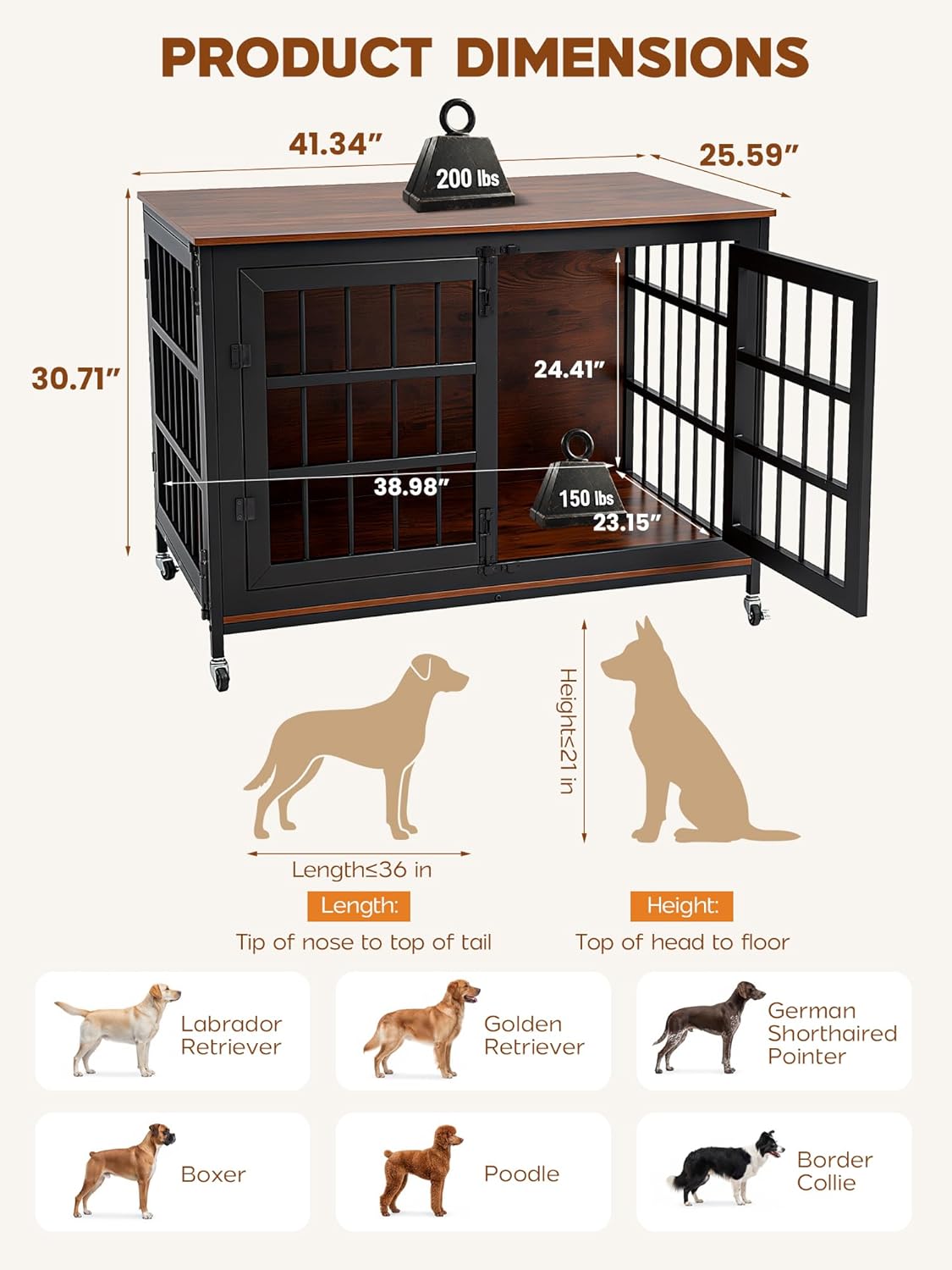 41 Inch Heavy Duty Dog Crate Furniture, Dog Kennel Furniture for Large and Medium Dogs, with Lockable Wheels & Adjustable Feet, Three-Door Metal&Wooden Cage House Furniture, Black