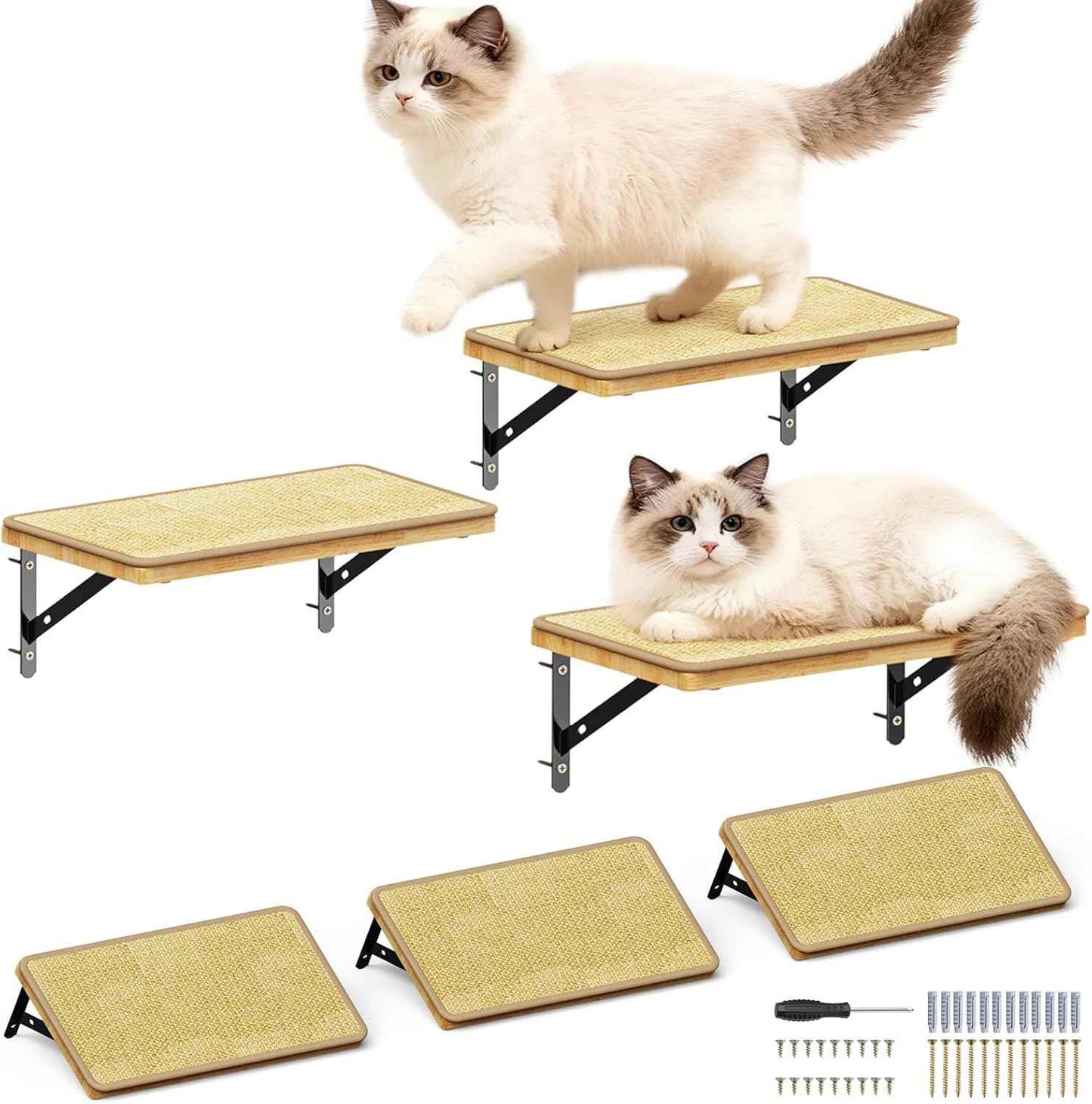 3Pcs 14"×8" Large Cat Wall Shelves - Wall Mounted Cat Shelves, Natural Wood with Fixtures for Large Cats and Kittens for Household Pets Sleeping, Playing, Climbing
