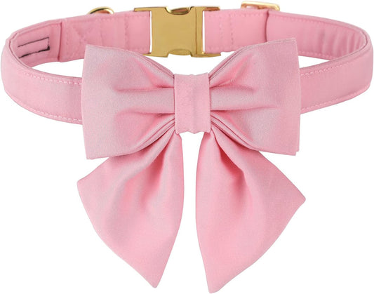 Maca Bates Cherry Pink Dog Collar with Cute Solid Sailor Bow Tie for Small Girl Boy Dogs,Girly Adjustbale Durable Breakaway Soft Collars with Bowtie for Female Male Puppy,Pet with Metal Buckle